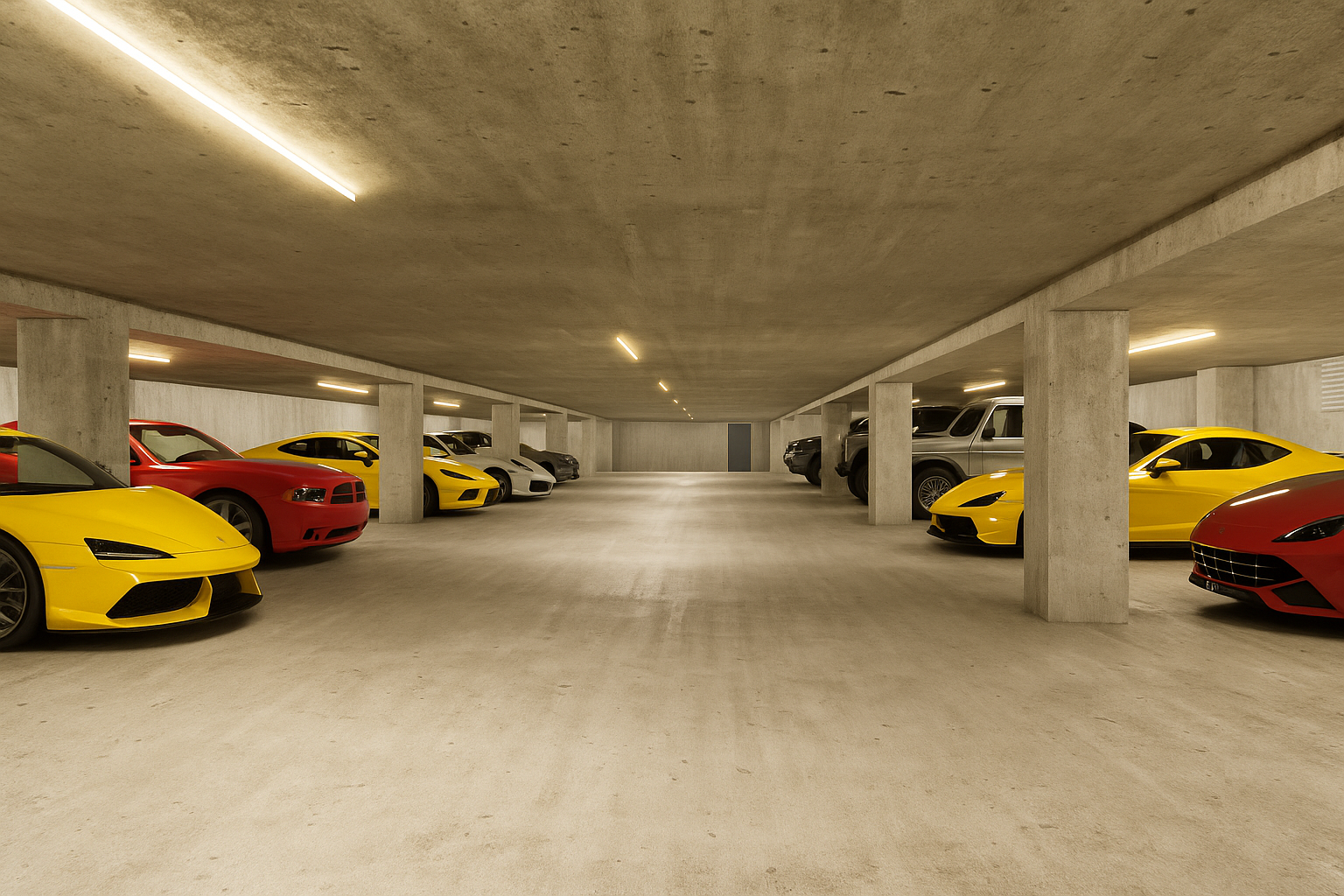 Innenansicht einer Tiefgarage mit Betonwänden und Decke, beleuchtet mit Deckenleuchten.