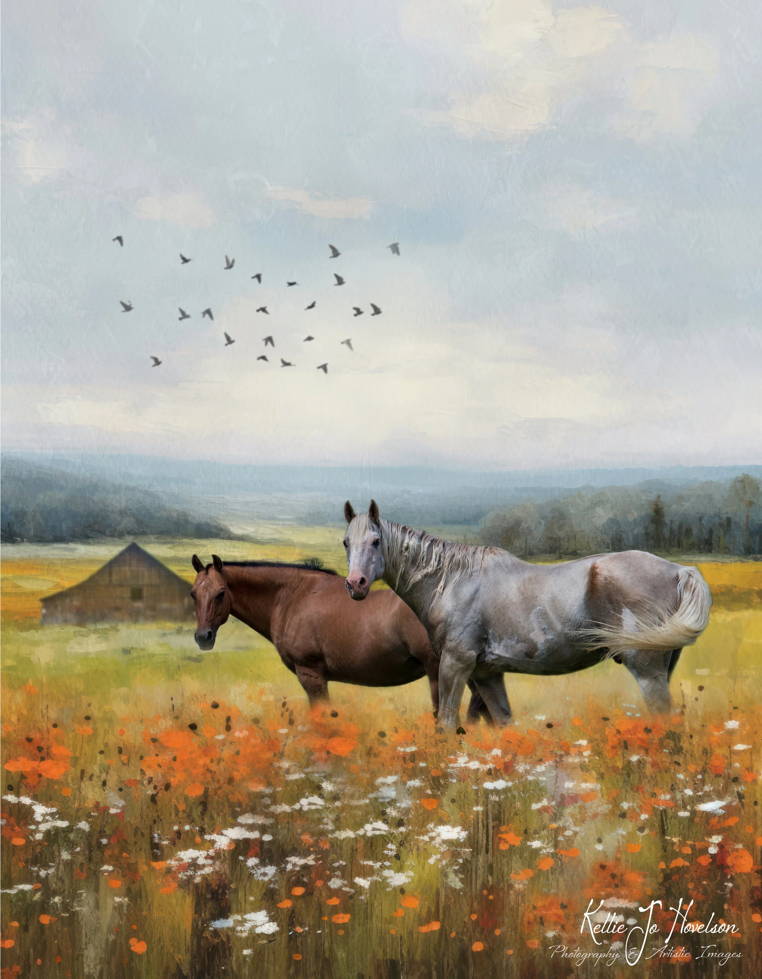"Gentle Equines in Floral Haven"