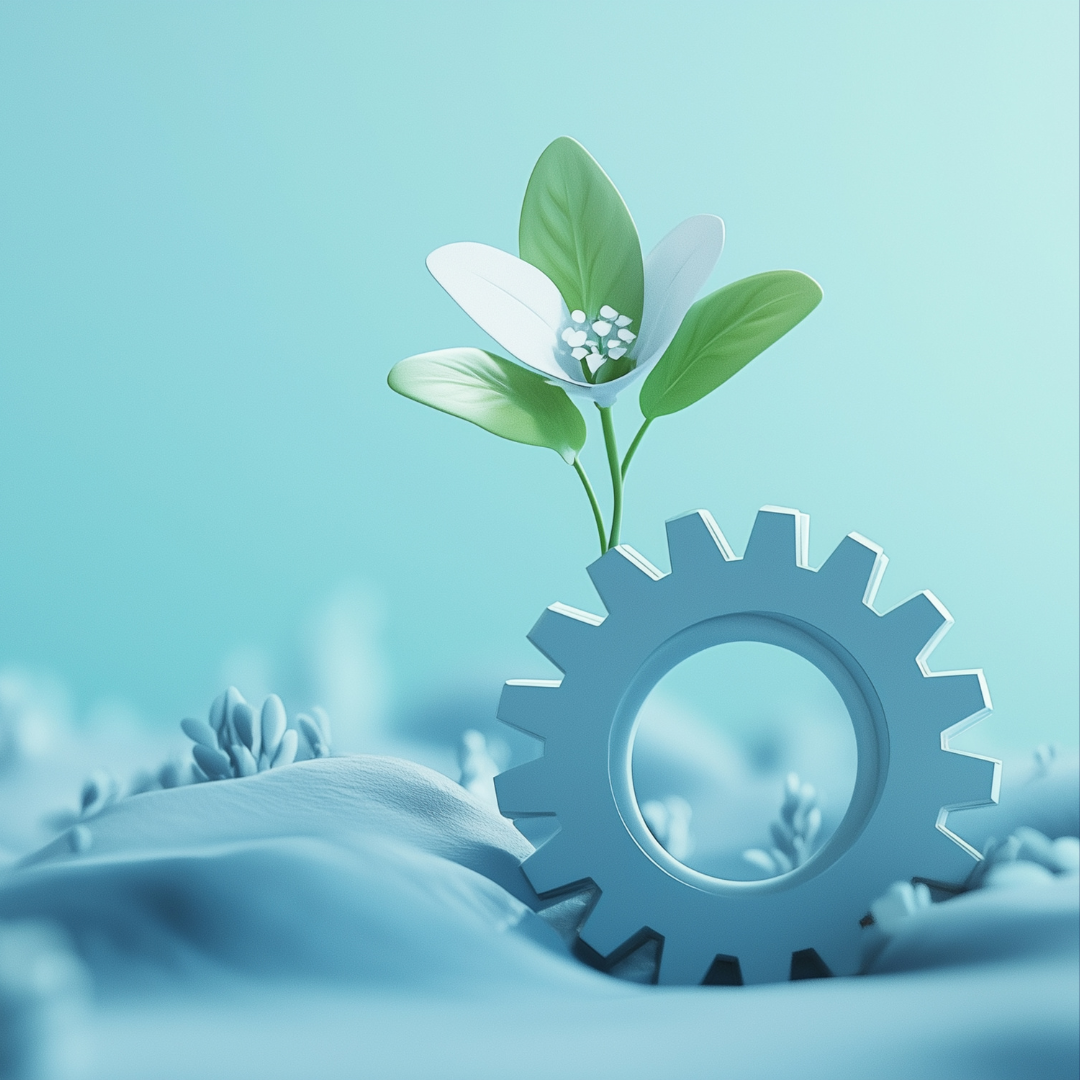 A mechanical gear with a flower growing out of it and green leaves, symbolizing growth or innovation.