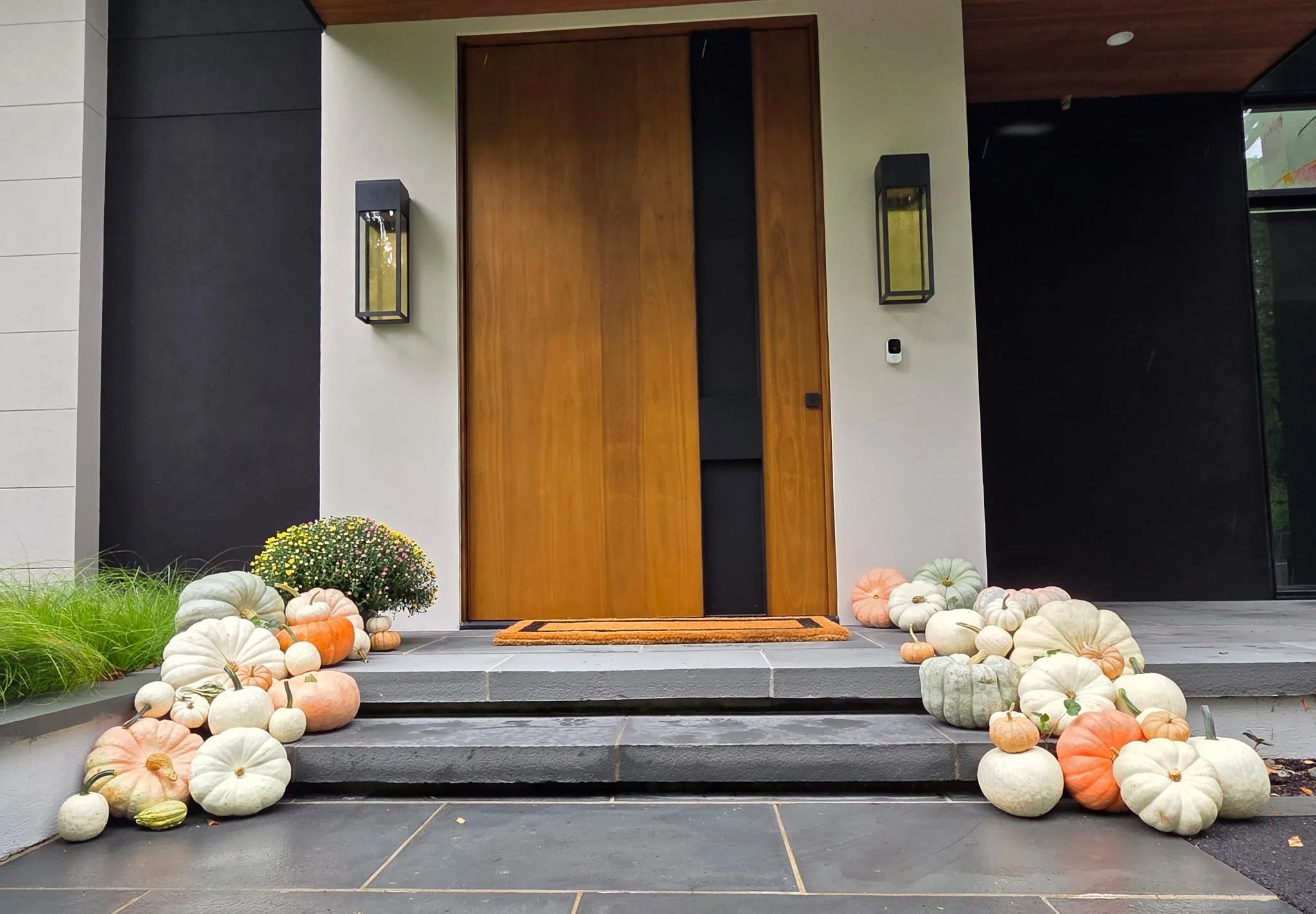 Front porch of a modern house decorated with various white, orange, and green pumpkins, along with a potted plant with small yellow flowers, creating an autumn harvest display.
