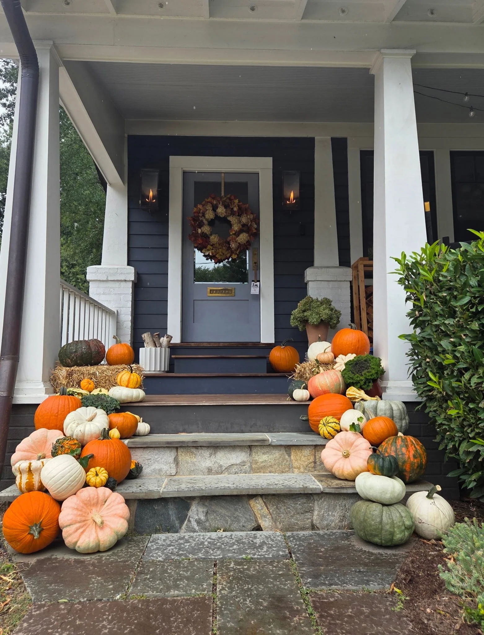 A brick front steps decorated with pumpkins, gourds, and chrysanthemums for fall or Halloween. A dark door with a brass lion door knocker is at the top of the stairs, flanked by white trim and black accents. A tree with green leaves partially obscures the right side of the scene.