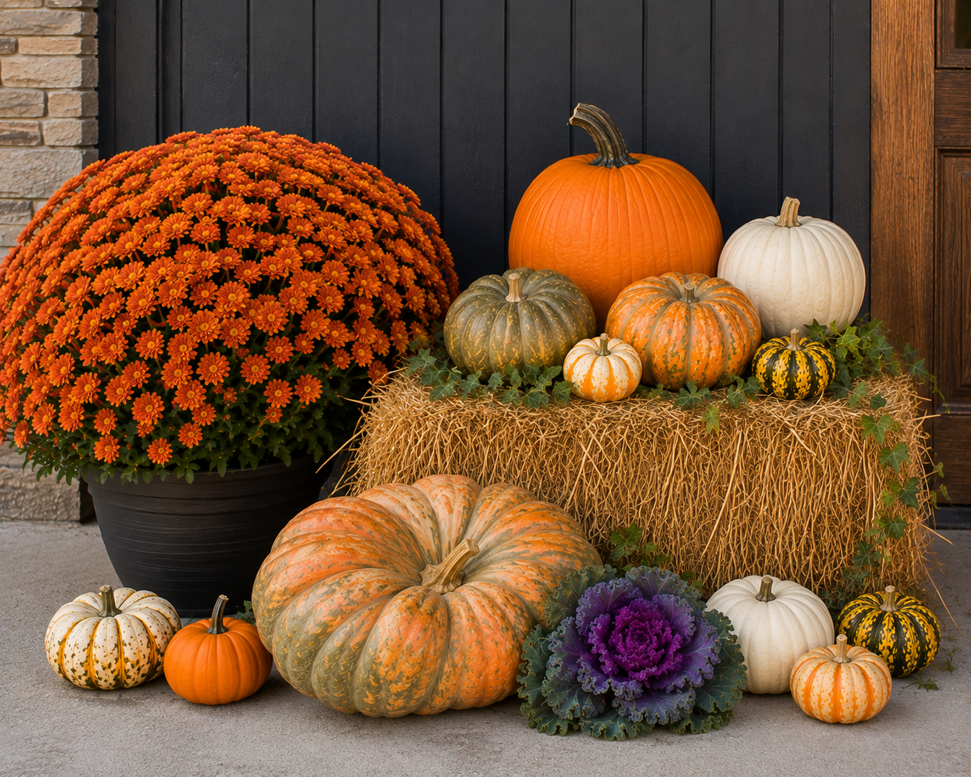 Autumnal display of pumpkins, gourds, chrysanthemums, and ornamental cabbages outside a house door.