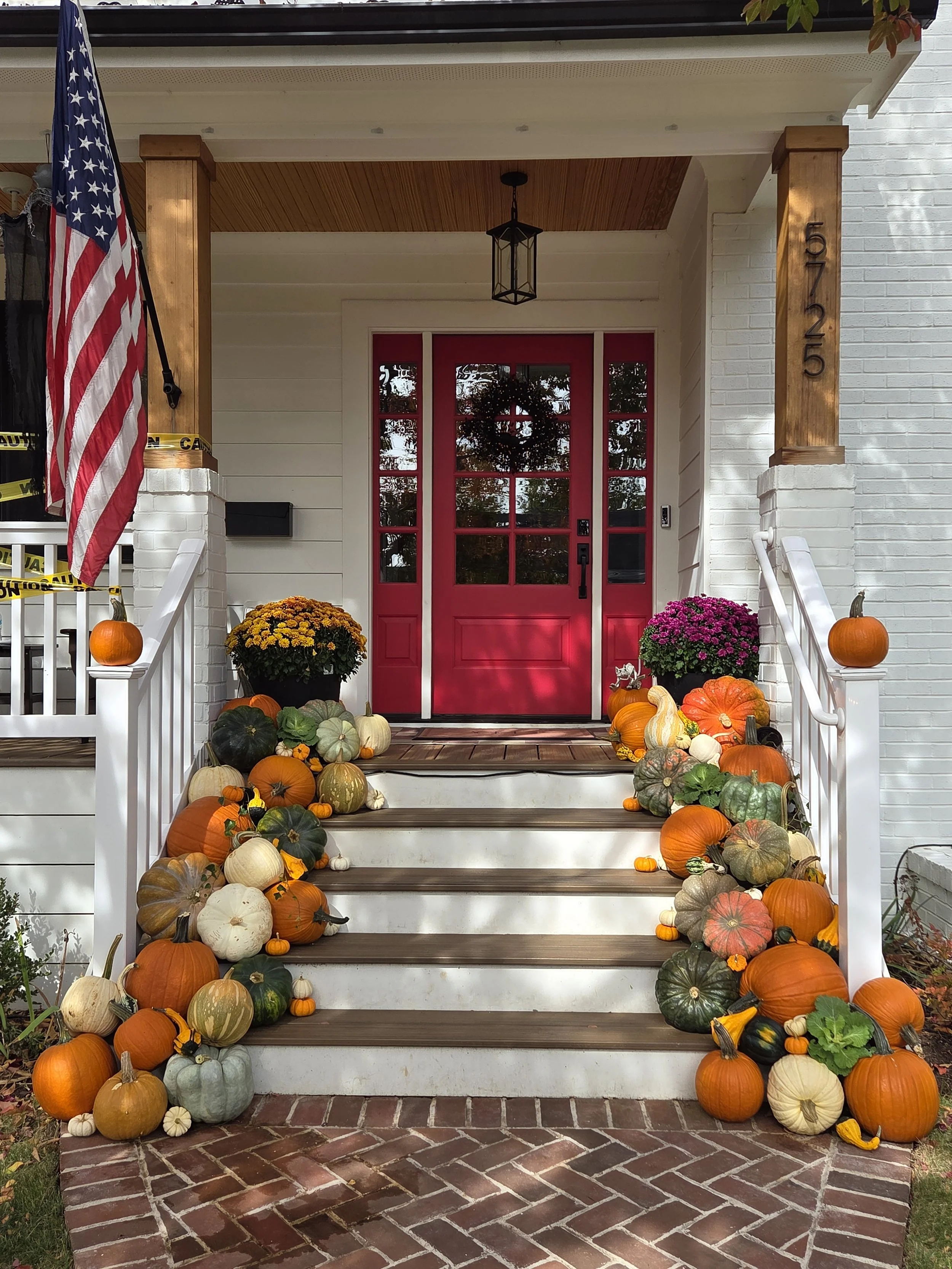 Fall porch display with heirloom pumpkins in Kensington, MD