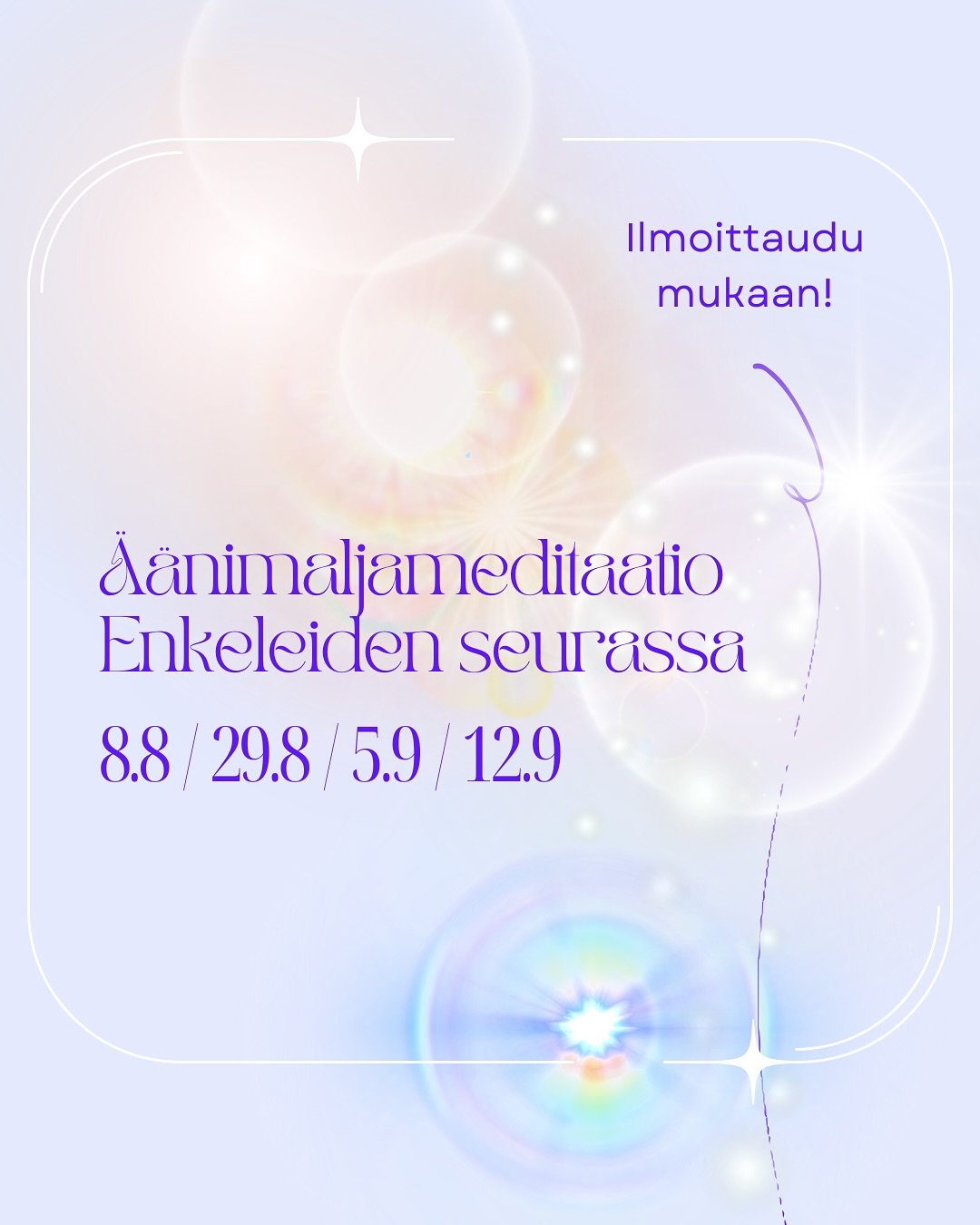 Tulevat &Auml;&auml;nimaljameditaatio Enkeleiden seurassa-illat!✨🪽

🌸 Tulevina elokuun ja syyskuun perjantaina sinulla on mahdollisuus laskeutua lempe&auml;&auml;n ja hoitavaan hetkeen syv&auml;rentoutumisen merkeiss&auml;, &auml;&auml;nimaljojen s