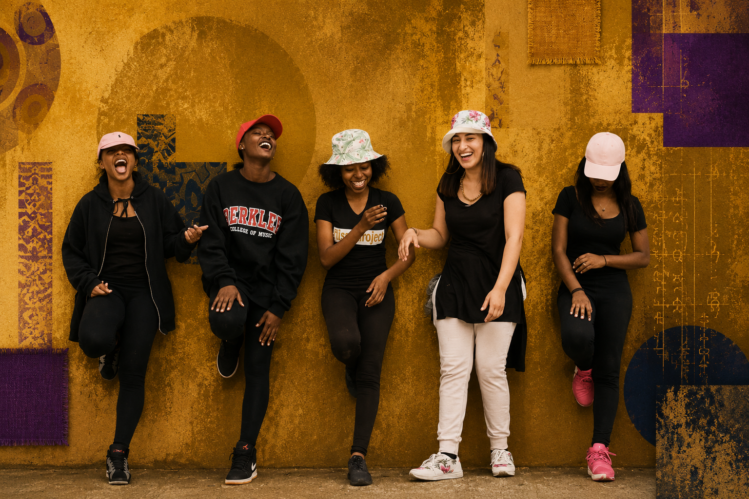 Five young women standing against a colorful, abstract wall, laughing and sharing a joyful moment.