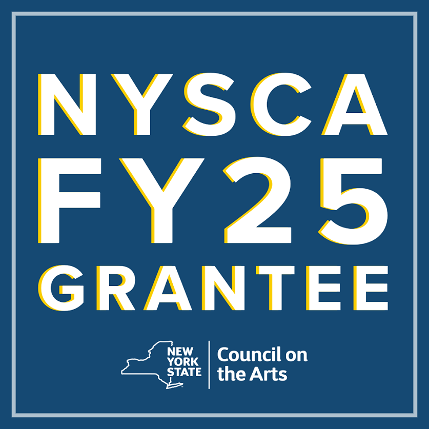 A graphic with blue background and white border, displaying the text "NYSCA FY25 Grantee" in large letters, with the New York State outline and the words "Council on the Arts" in smaller text at the bottom.