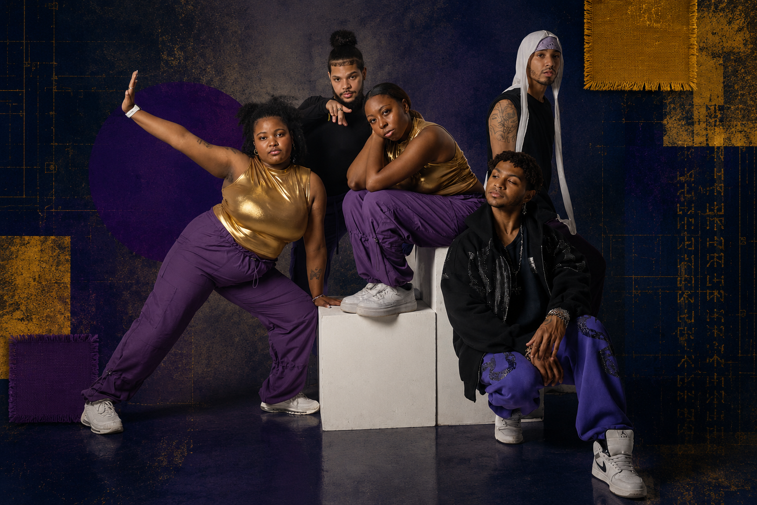 A diverse group of five people posing together in a studio with a dark, artistic background featuring abstract shapes and textures. They wear casual, colorful clothing, including purple and gold tones.