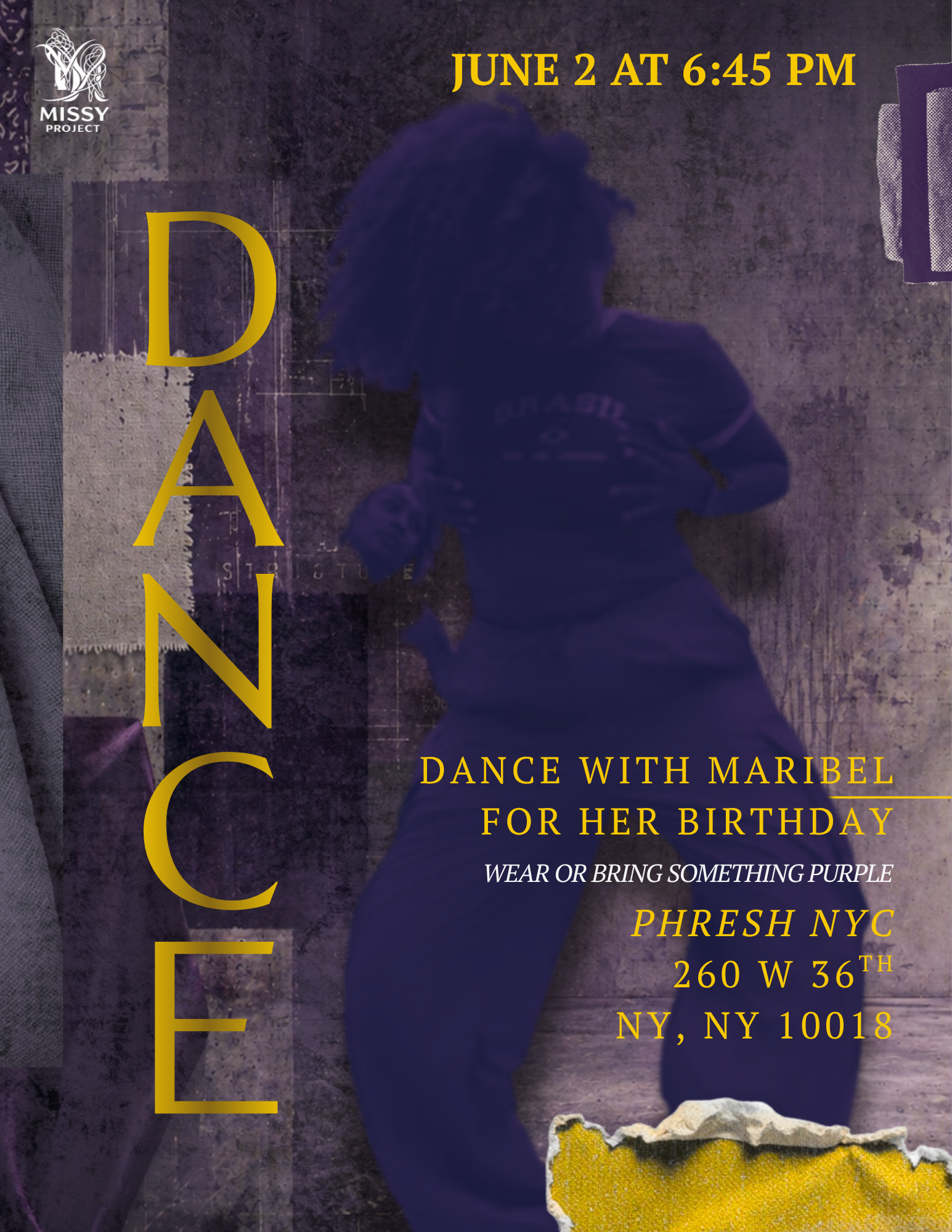 Event announcement for a dance with Maribel on June 2 at 6:45 PM, encouraging attendees to wear or bring purple, with location details in New York City.