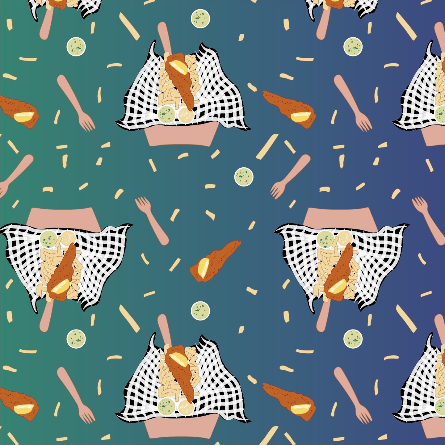 Dark Fish and Chip repeat pattern by Erin Plant