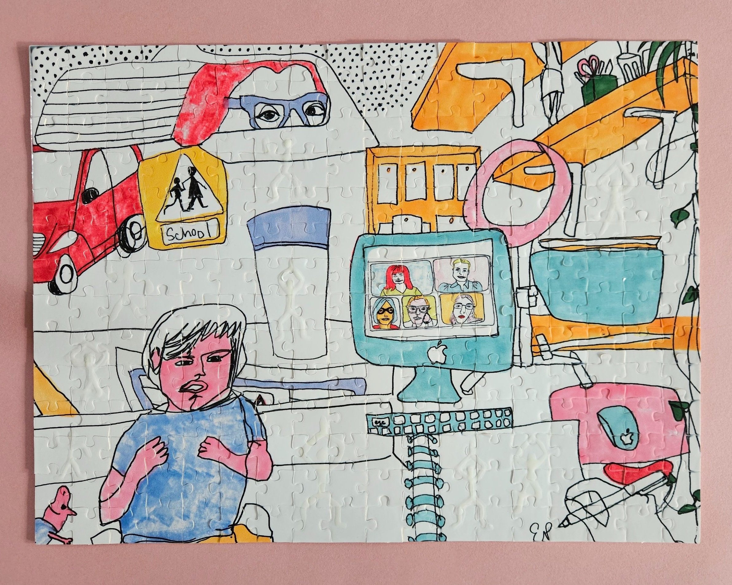 Puzzle made form Marker Drawings. Digital printing and UV paint on cardboard. 2024