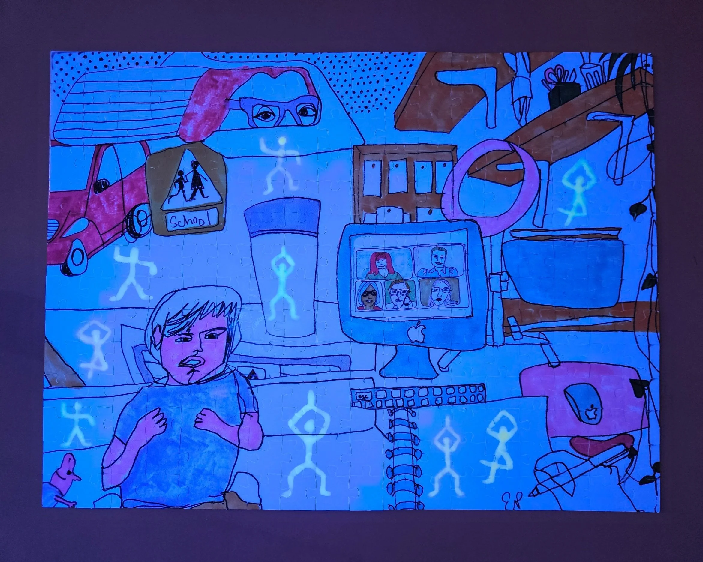 Puzzle from Marker Drawings under UV light. Digital printing and UV paint on cardboard. 2024