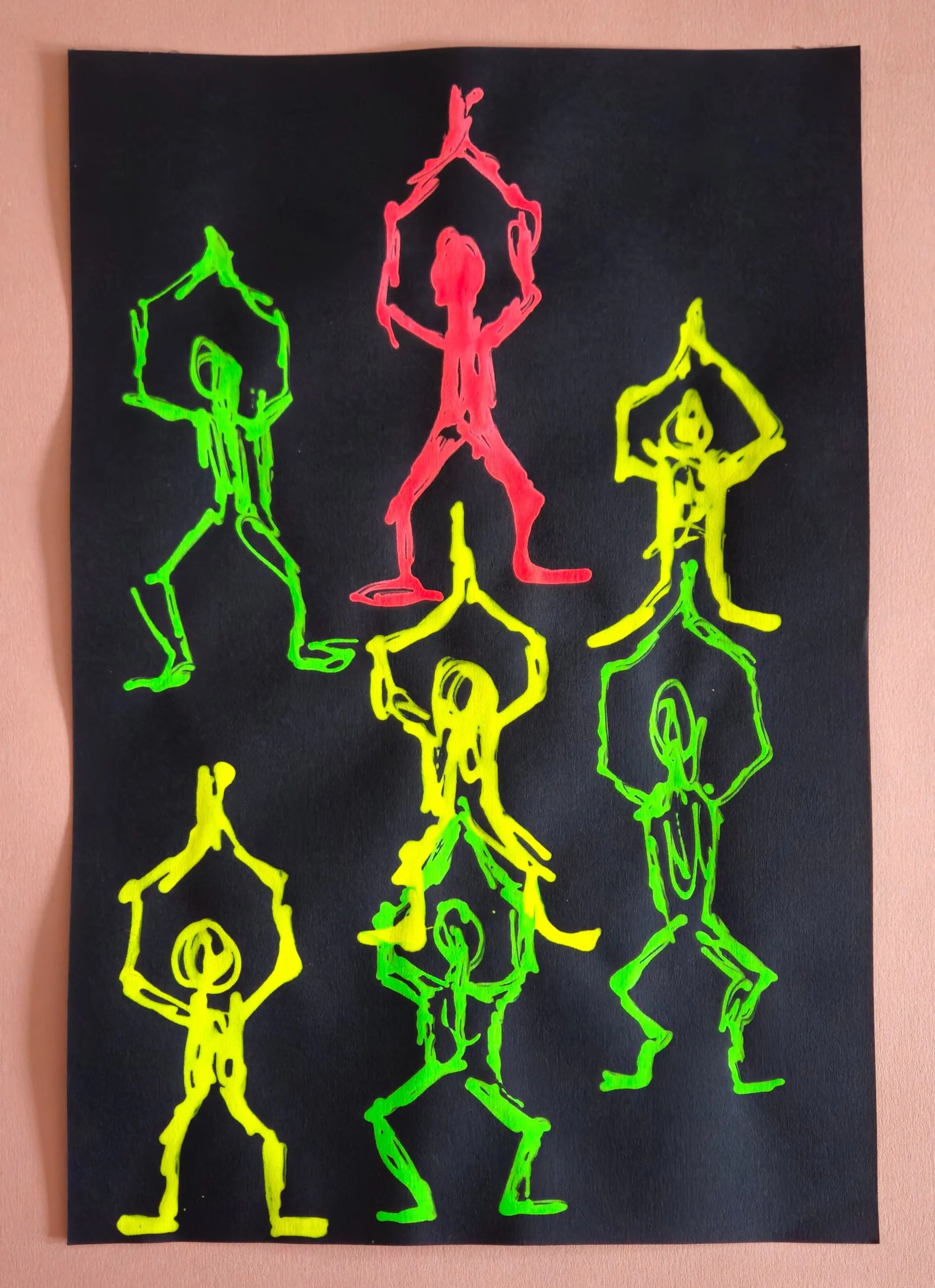 Rave drawing. Florescent paint on black card. 2024