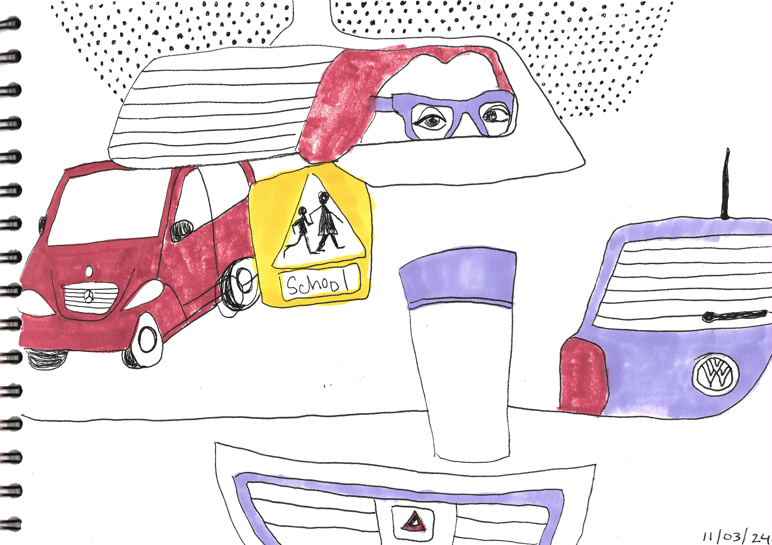 School Run. Marker on paper. 2024