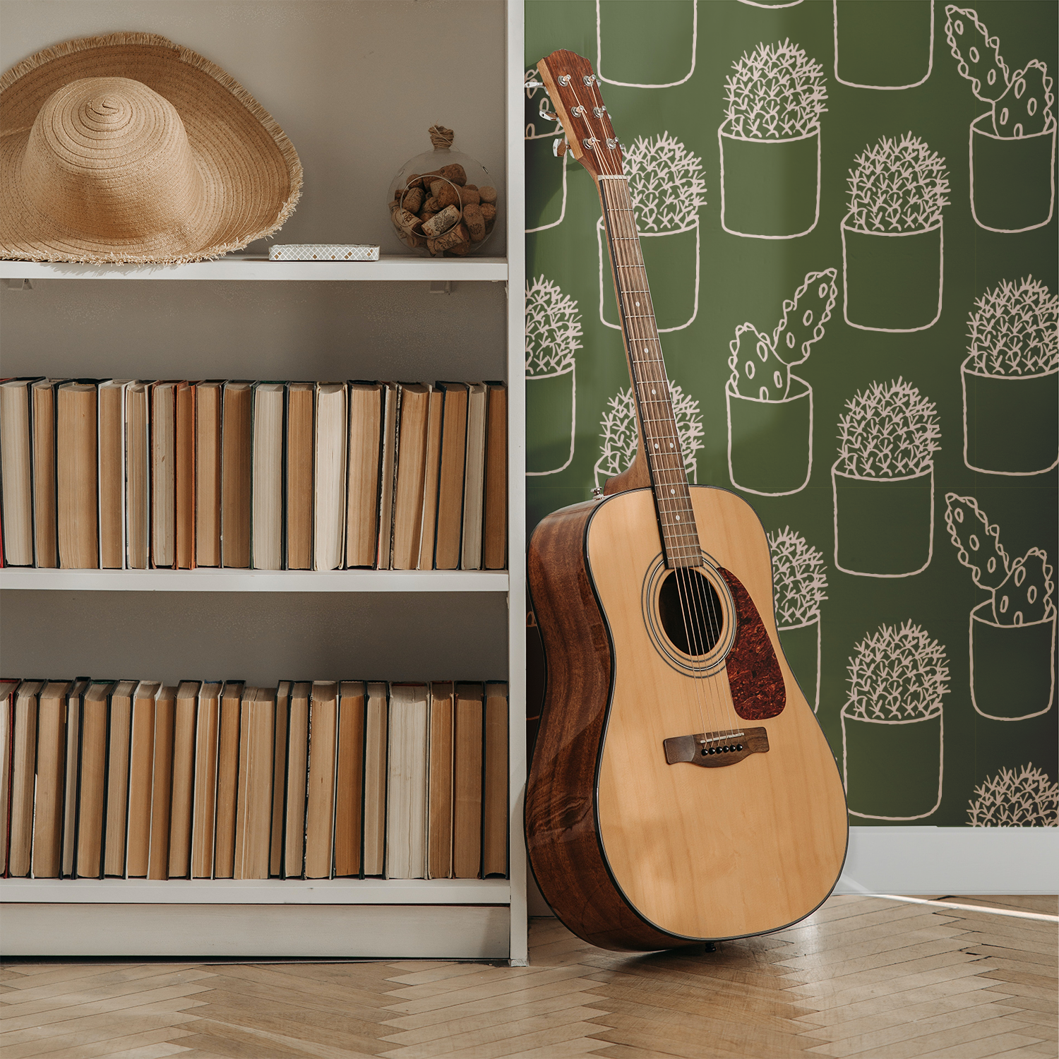 Green Cactus repeat on wallpaper by Erin Plant