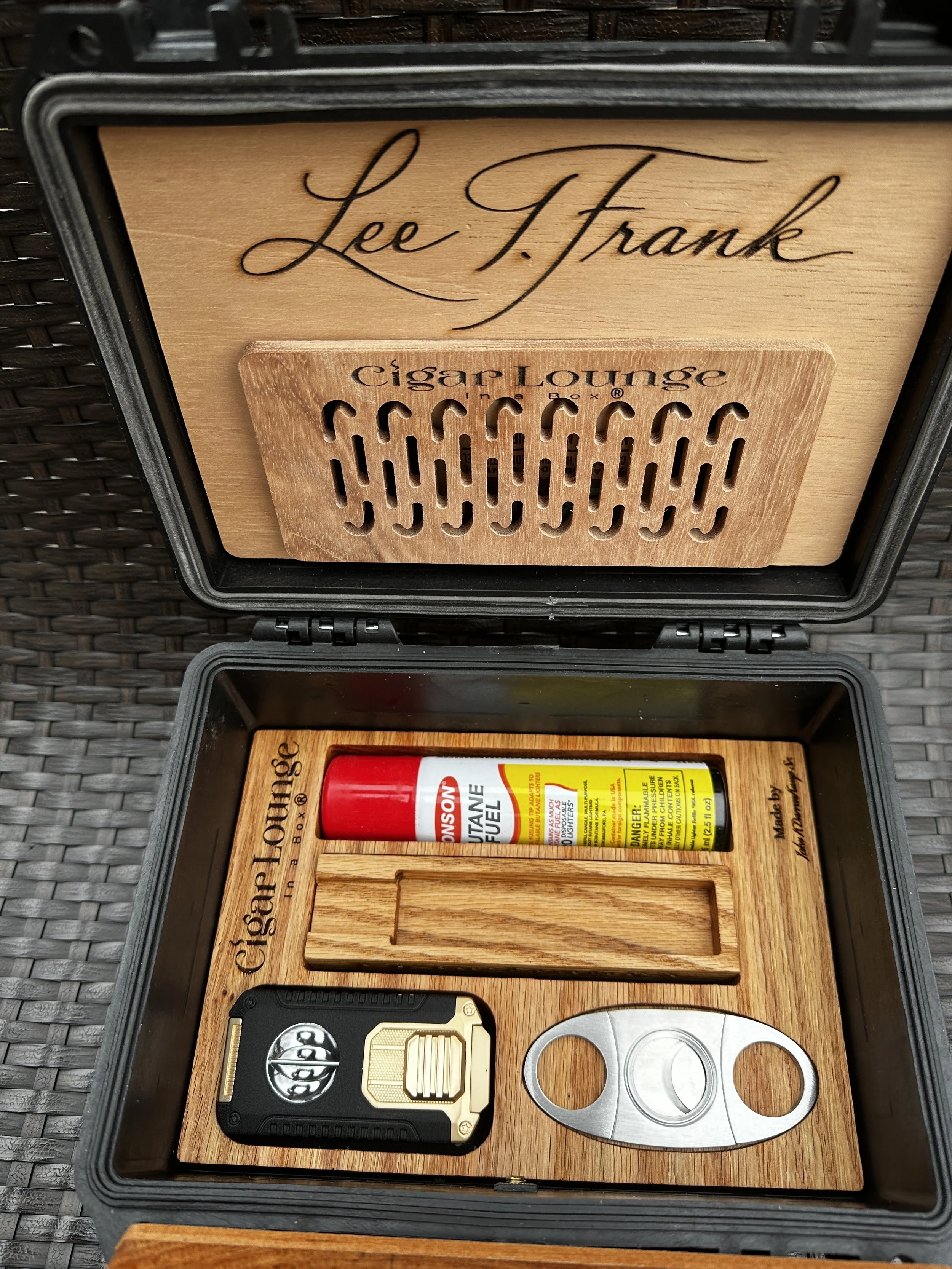Open Cigar Lounge In A Box travel cigar kit with lighter, cutter, ashtray and humidity control