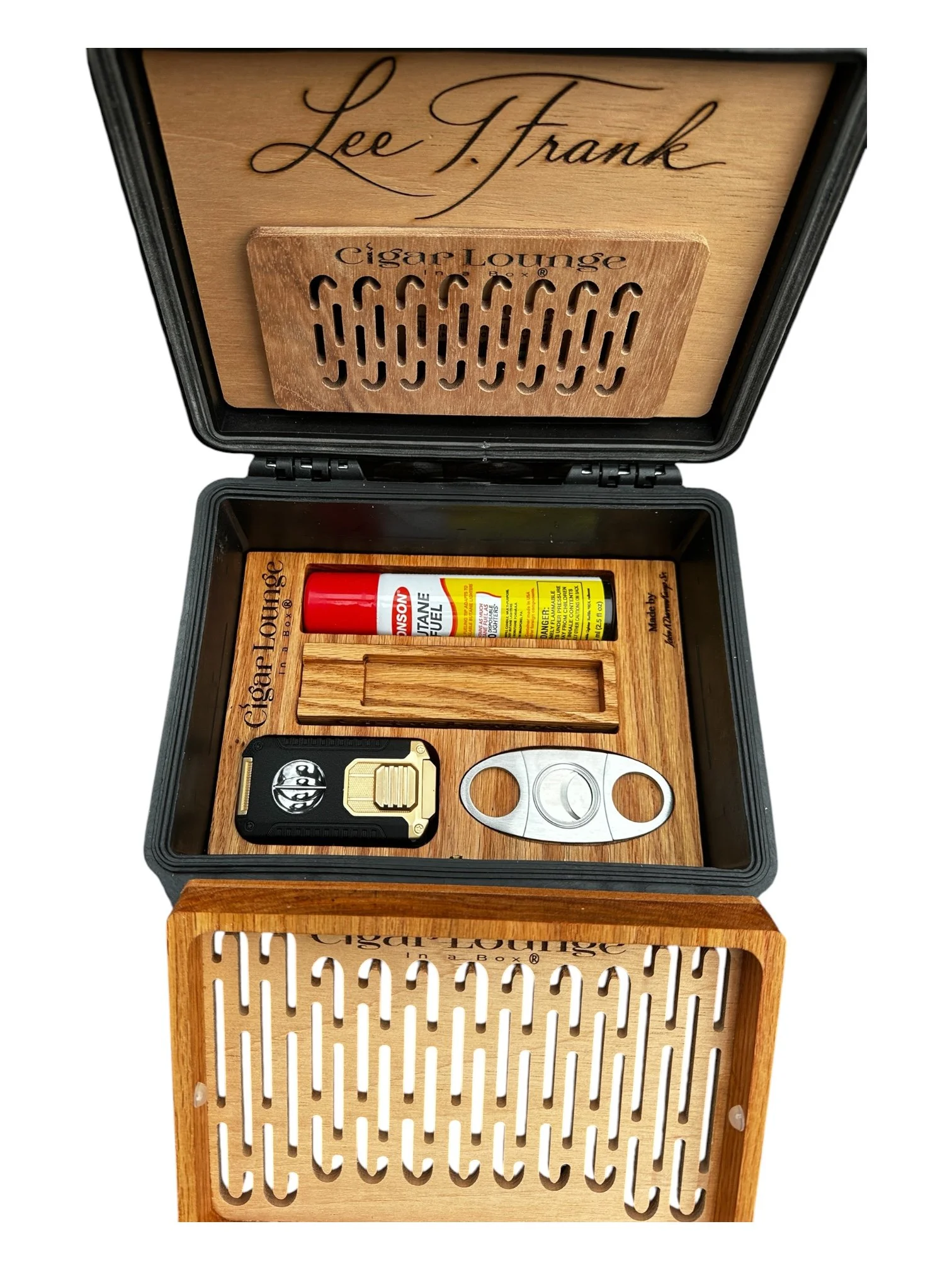 Open Full Ritual travel humidor with Spanish cedar trays, torch lighter, butane and cigar cutter.