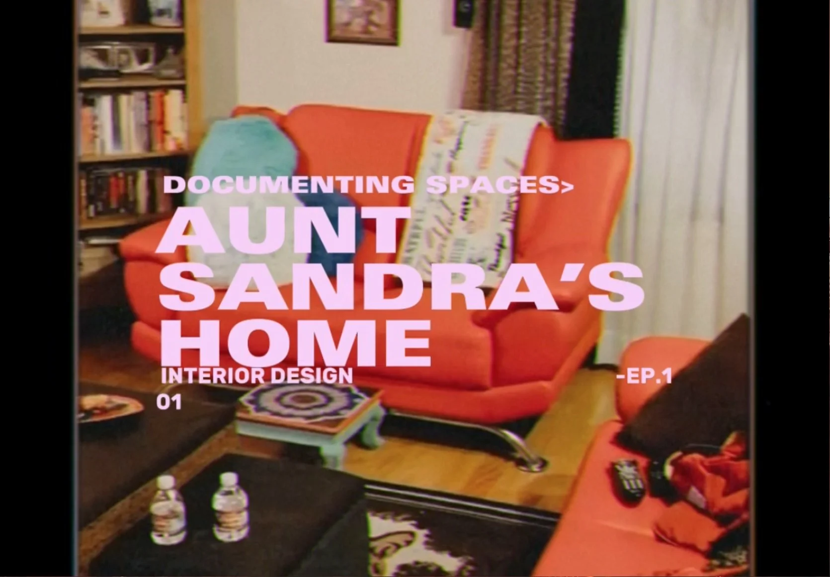 Living room with orange sofa and pillows, bookshelves, and text overlay about Aunt Sandra's home decor.