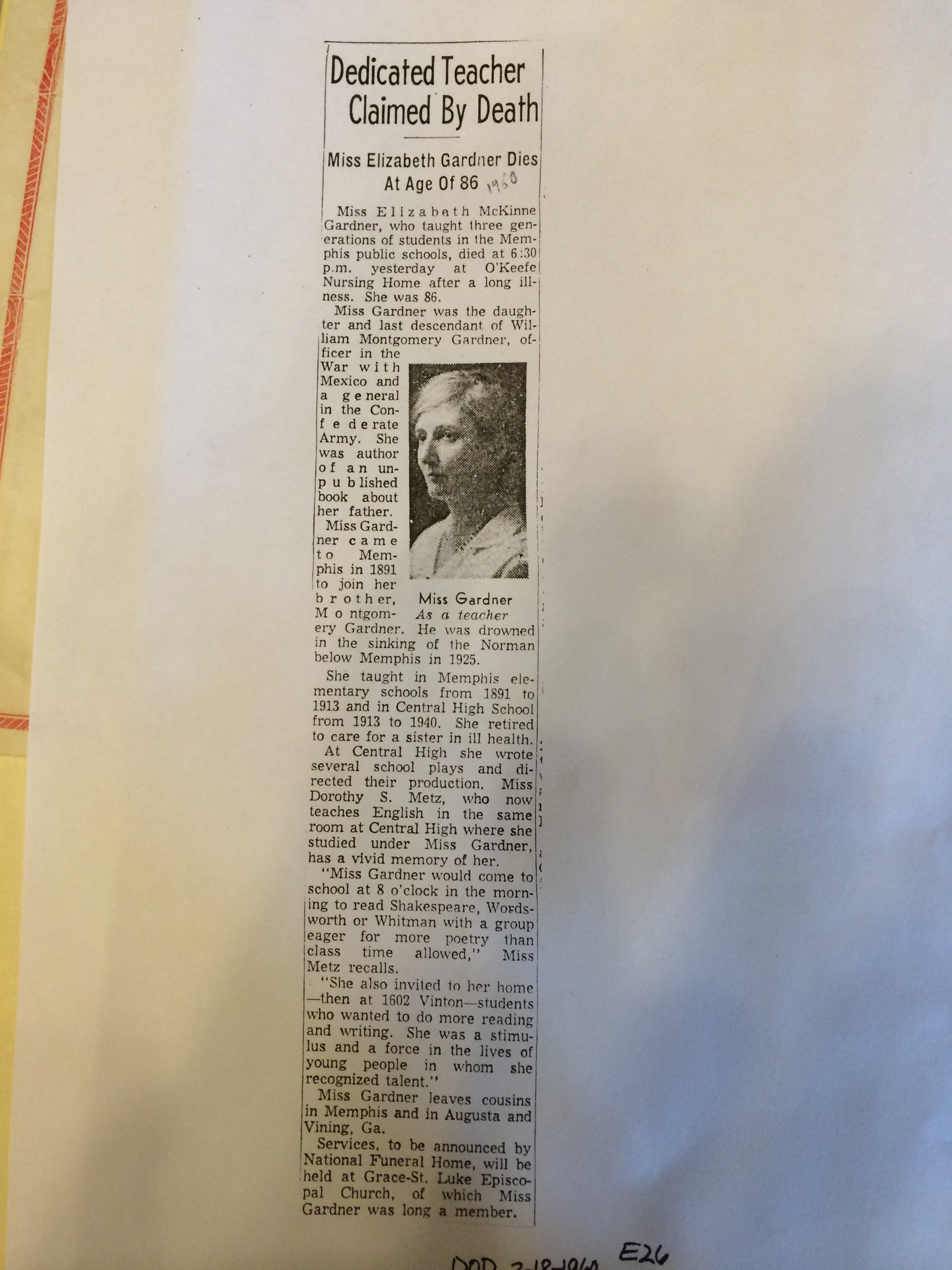 Article about Mrs. Gardner's sister's passing.