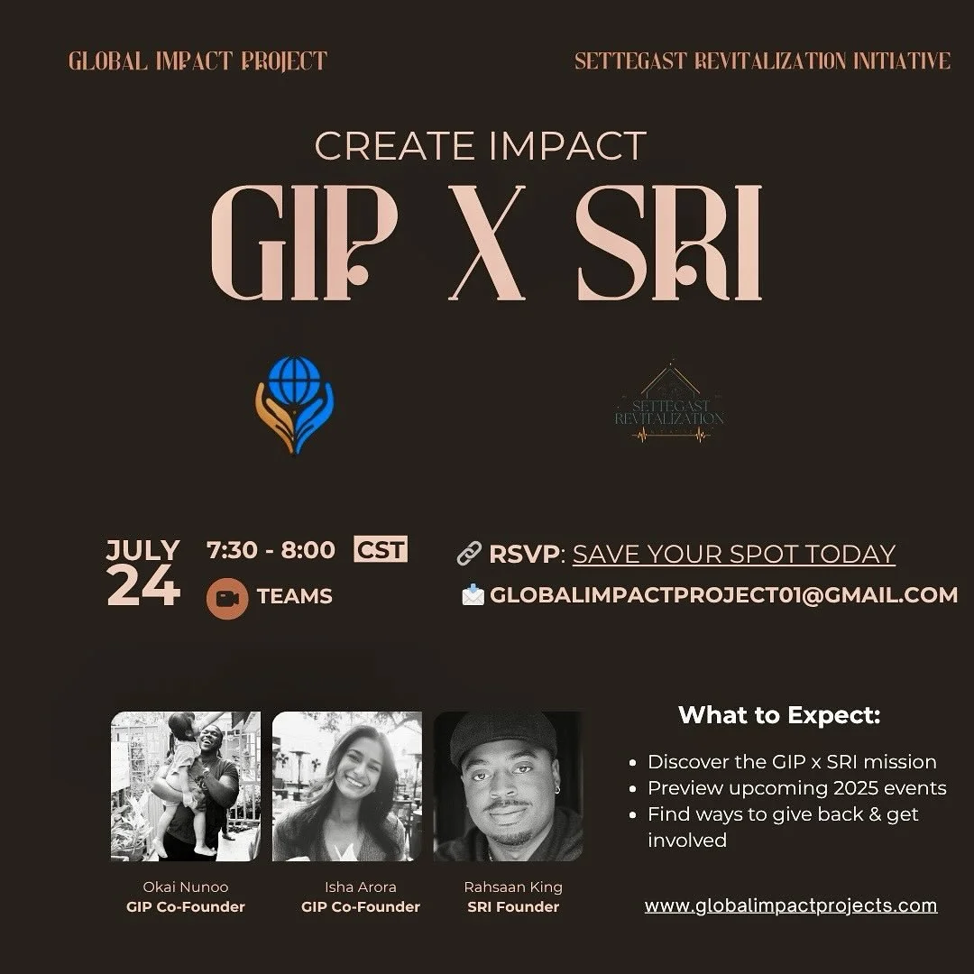 ✨ We’re teaming up to create real impact.
Join us for GIP x SRI on July 24 at 7:30 PM CST to hear how we’re bridging communities and building a better future — together.
Preview 2025 events, meet the founders, and find ways to get