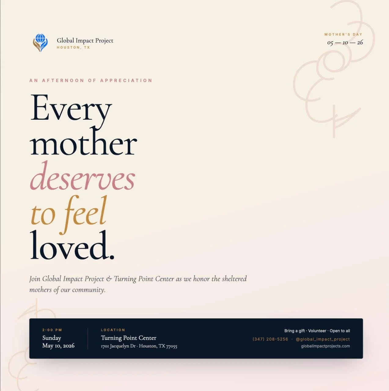 Every mother deserves to feel loved 🤍

This Mother&rsquo;s Day, we&rsquo;re coming together to honor sheltered mothers in our Houston community. A small act of kindness can make a real difference.

We&rsquo;re accepting:
&bull; Canned foods
&bull; F