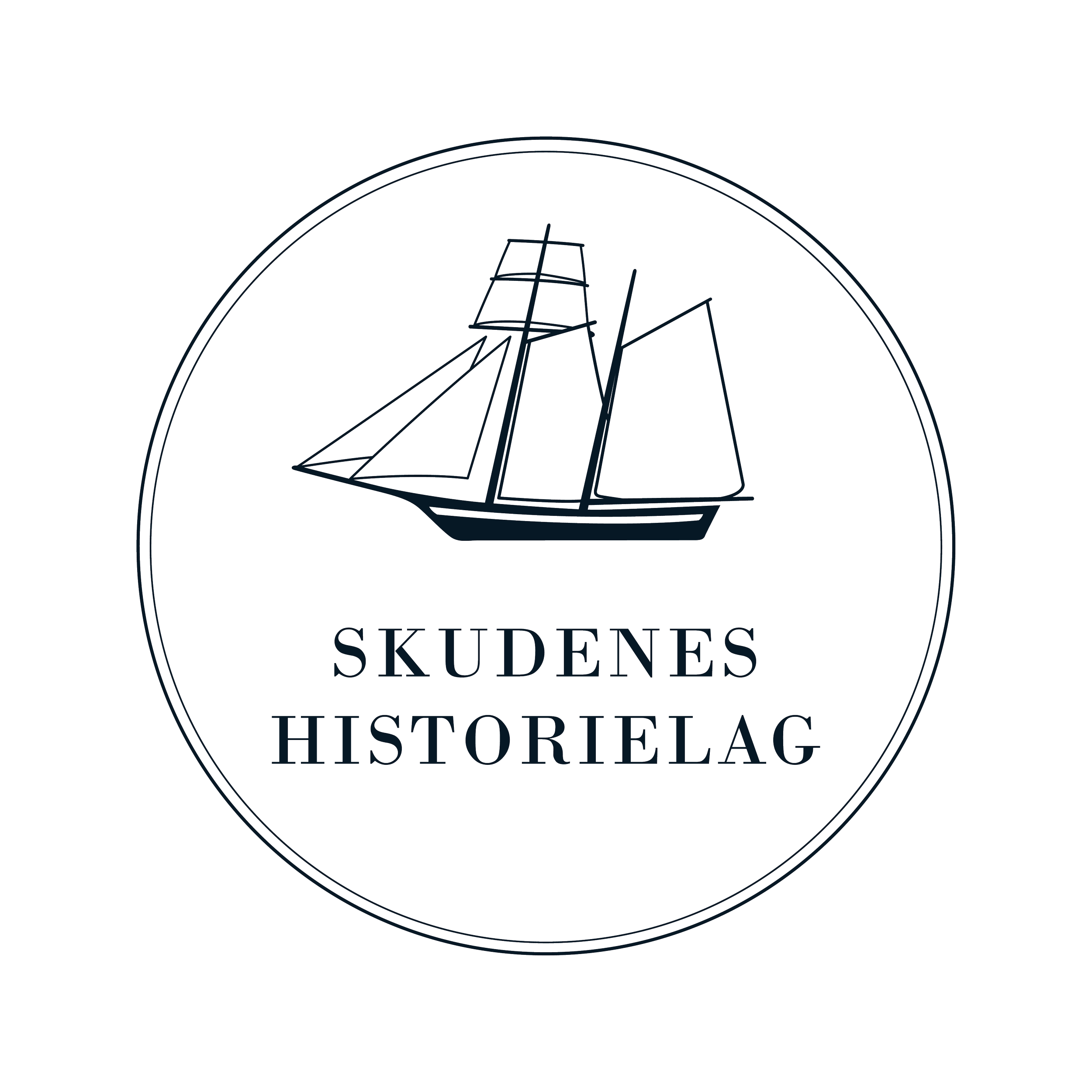 Logo med tekst 'Skudenes Historielag' og et illustrasjon av et smalt skip.