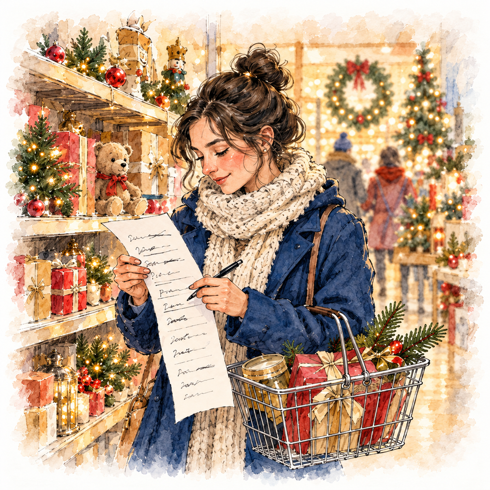 Watercolour illustration of a shopper in a festive store aisle checking items off a long holiday gift list