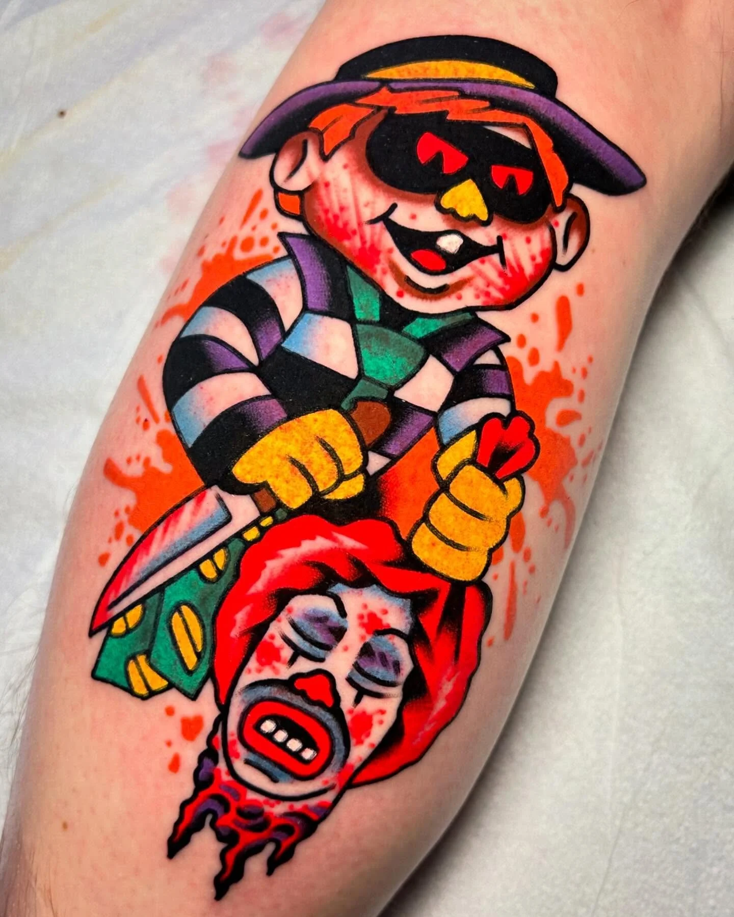 Permanent coulrophobia cure tattooed today for Matt at @sweetandsourtattoo thank you again for getting the most fun tattoos! I never liked Ronald McDonald anyways. @amigosmfg @kingpintattoosupply #kingpintattoosupply