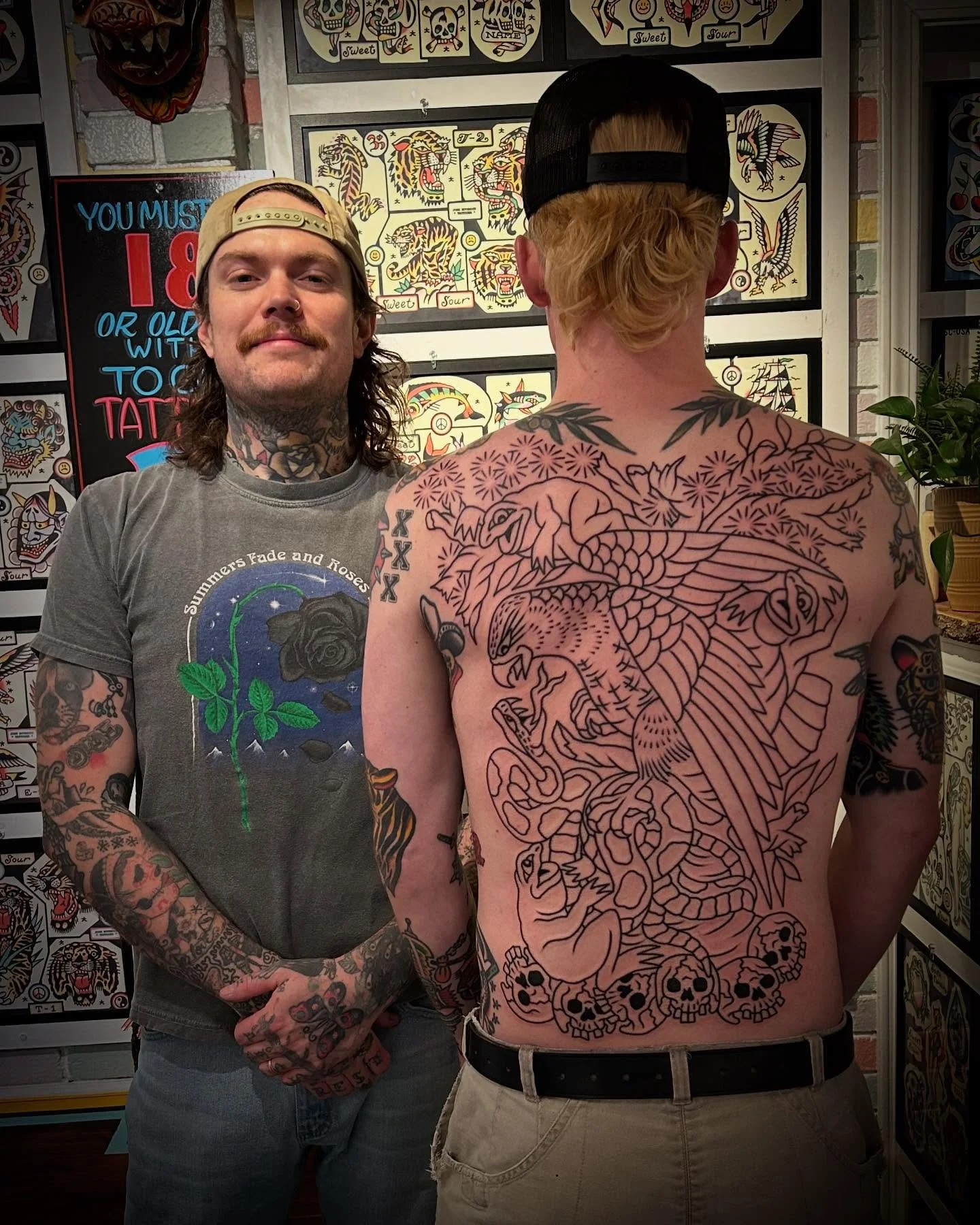 Very honored to start the back today of famous rock &lsquo;n roll musician @willbelue. Thank you for trusting me to draw and execute the most important spot imo. Also pictured is this @amigosmfg liner I made for my coworker and incredibly gifted tatt