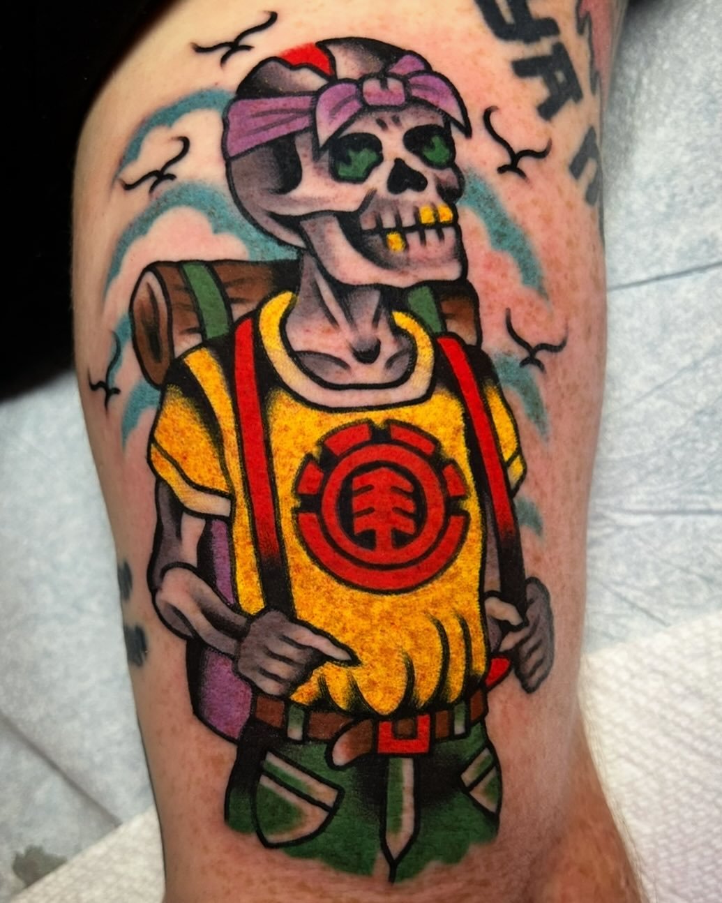 A skeleton backpacking with a purple Tupac bandana and an @elementskateboards t-shirt done by request for my friend Mike, thank you Mike!!! @sweetandsourtattoo @amigosmfg @kingpintattoosupply #kingpintattoosupply