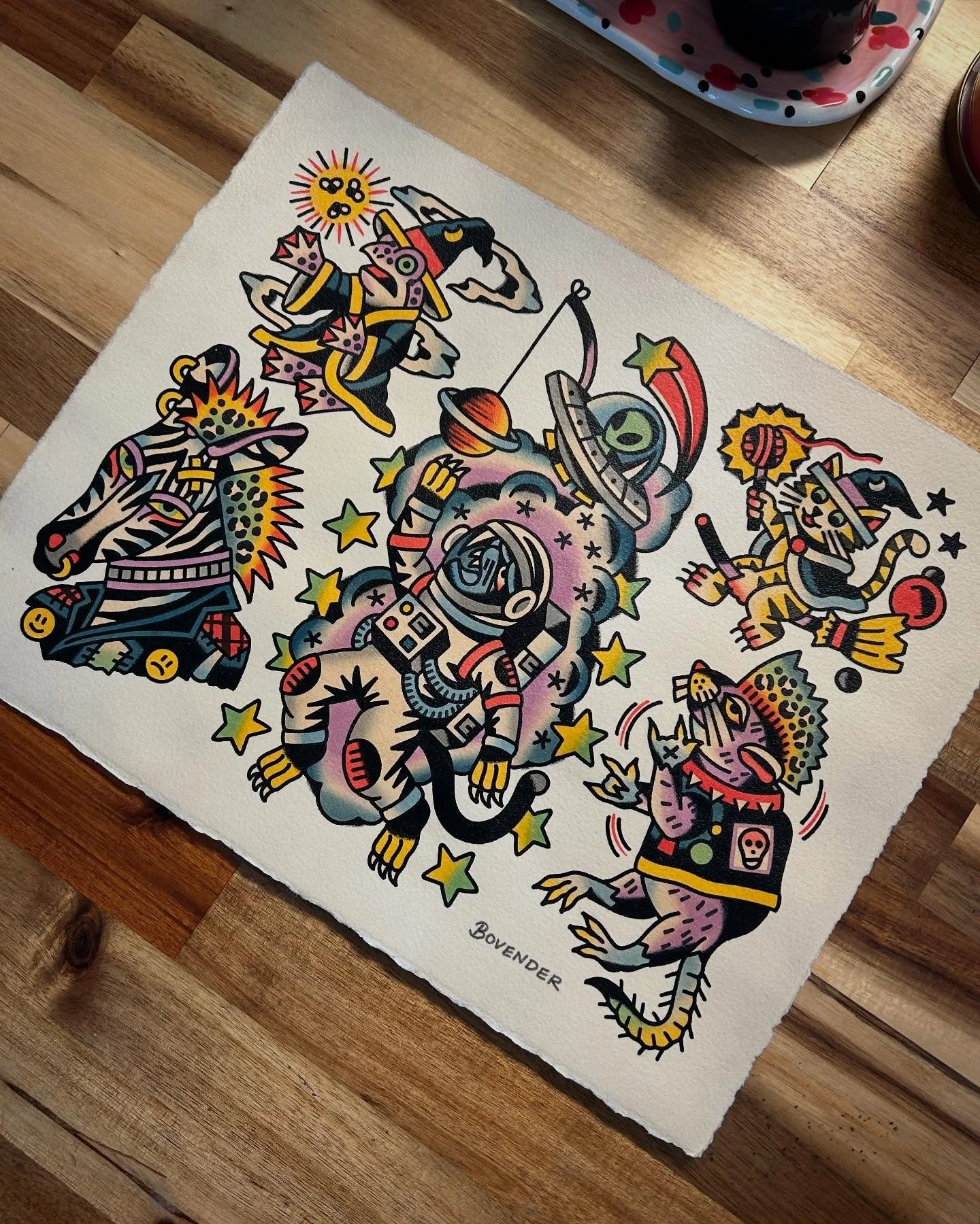 11&rdquo;x14&rdquo; painting lined with a nib, painted with ink and tattoo pigment; commissioned for baby Howard&rsquo;s nursery, thank you so much and congratulations Kaitlyn, Rachel, and Chris! I will be opening my schedule for APRIL-JUNE 2026 tomo