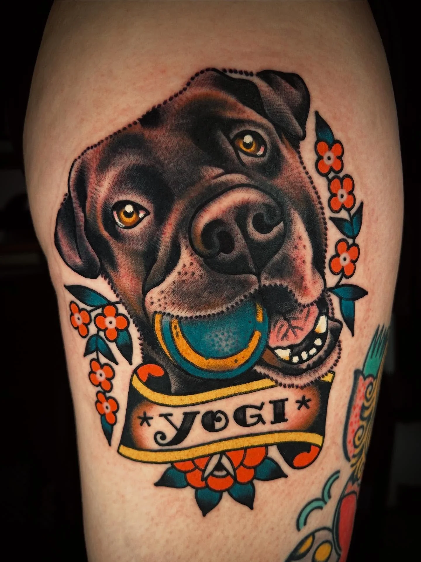YOGI tattooed yesterday for Chrissy, thank you again for getting tattooed!! Performed at the almighty @sweetandsourtattoo with @amigosmfg coil machines and @kingpintattoosupply needles and steel tubes 😊😊😊