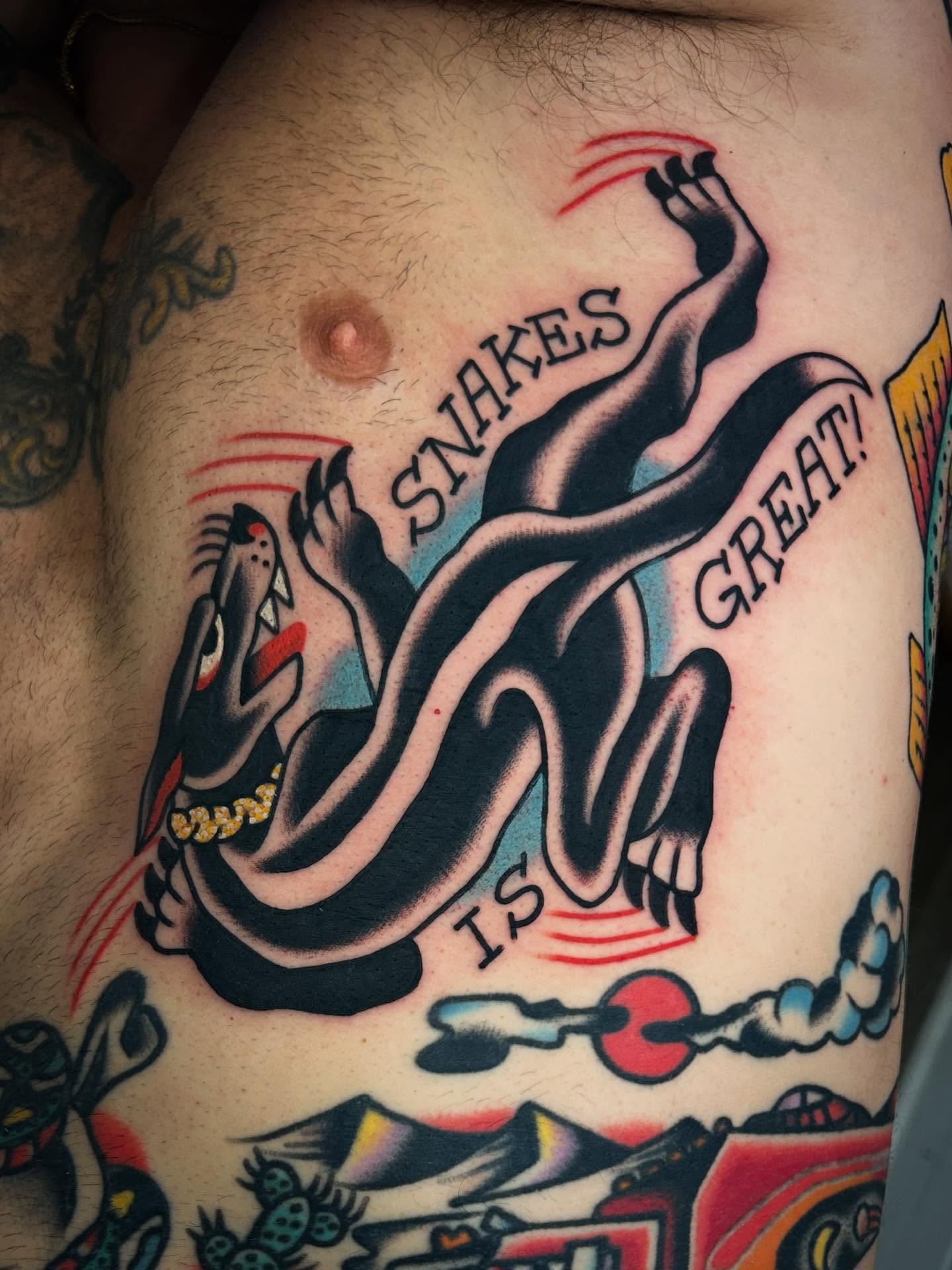 Sideways crawling panther dog for Sage yesterday who easily has one of the coolest in-prog torsos in the world, thanks again Sage!!! @sweetandsourtattoo @kingpintattoosupply #kingpintattoosupply