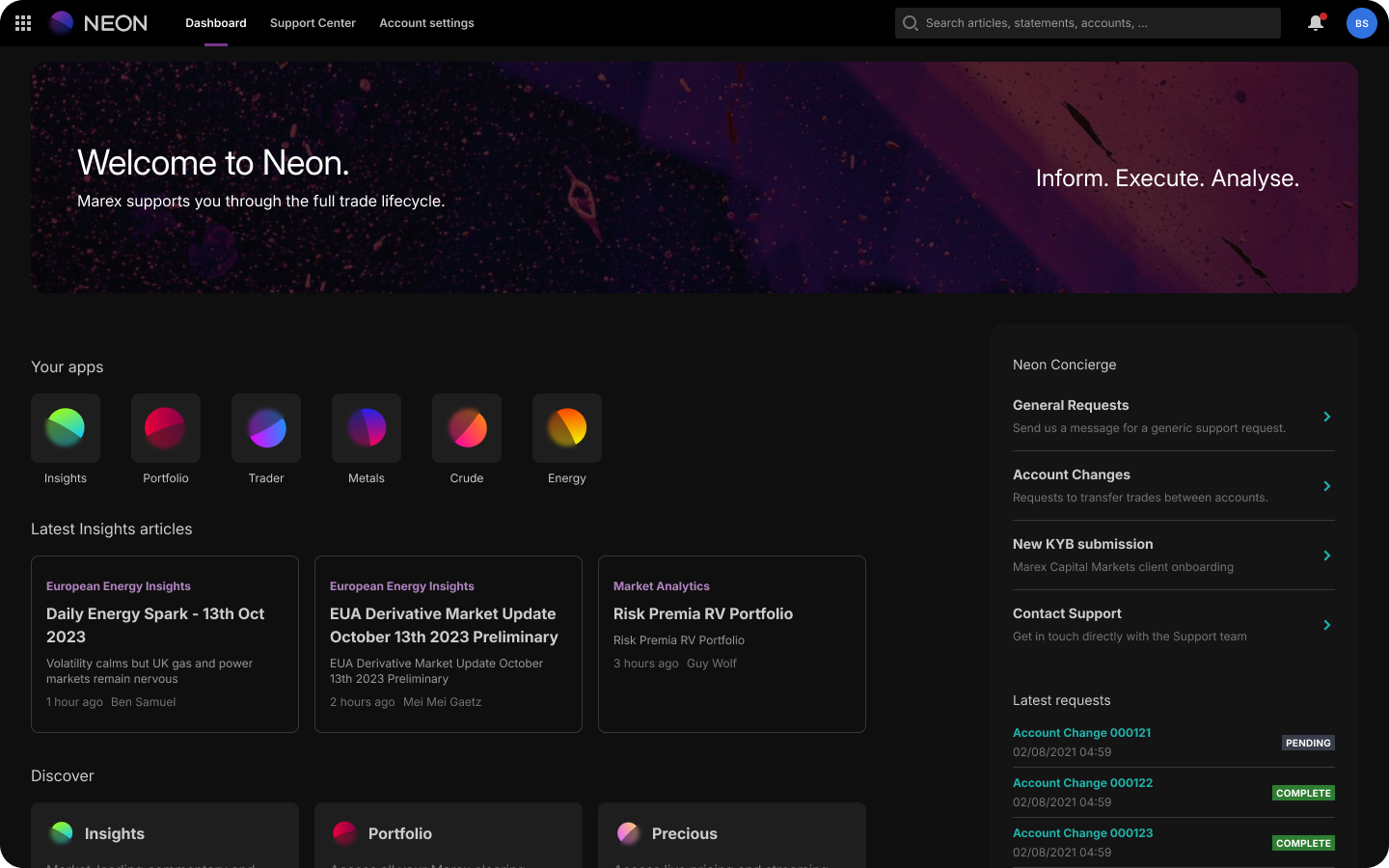 Neon Dashboard post-login landing page