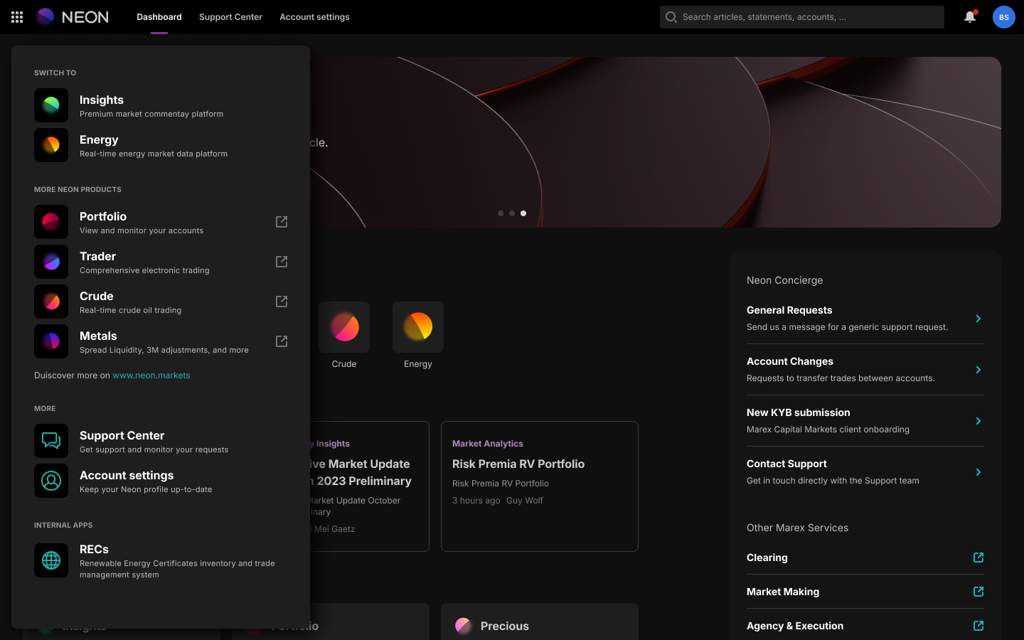 Neon Dashboard with Application Switcher