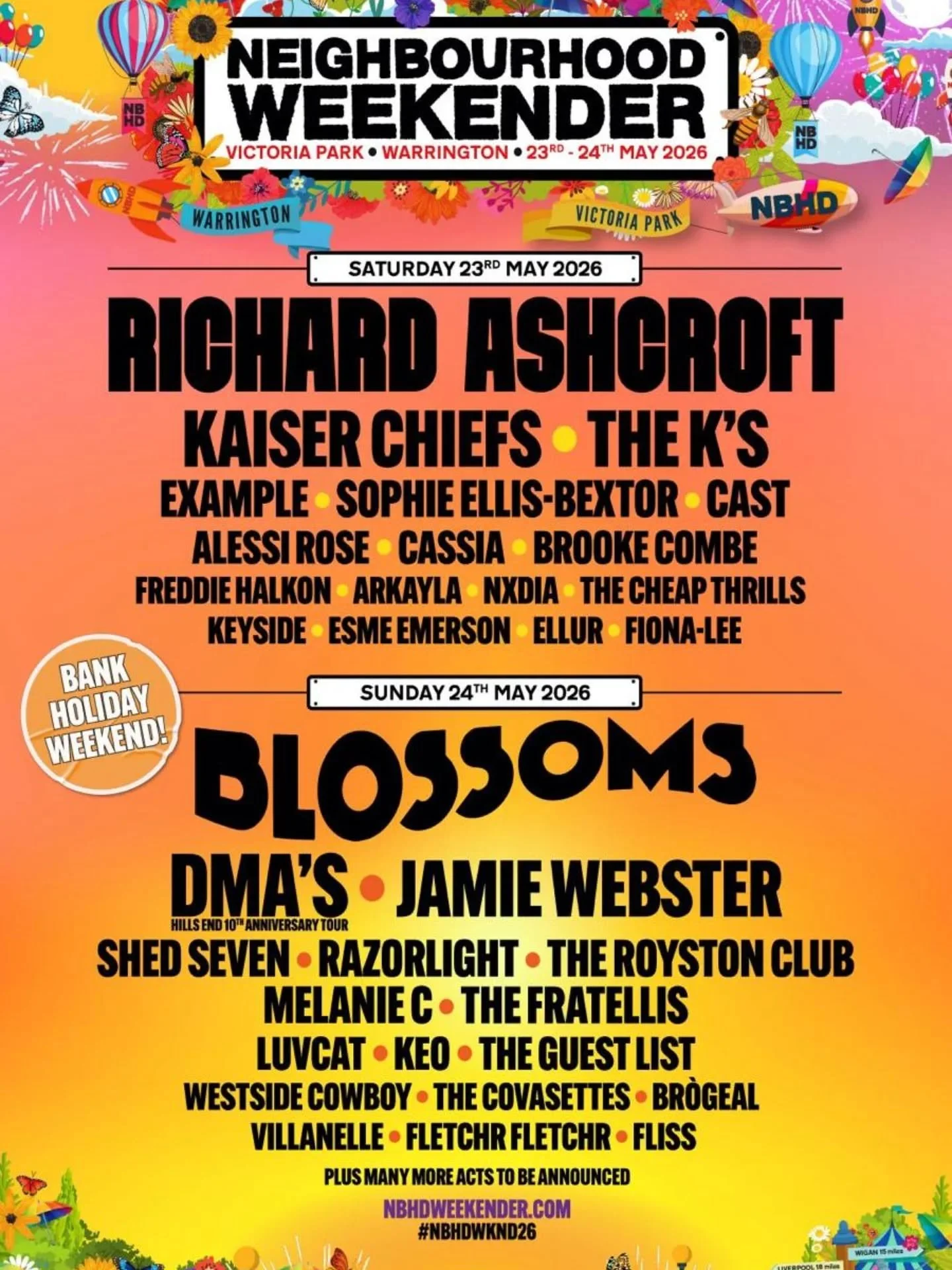 Neighbourhood Weekender has unveiled the first wave of acts for next years festival, when it returns on 23rd and 24th May 2026.

Britpop legend Richard Ashcroft and Stockport heroes Blossoms are set to headline the 2026 edition of the festival which 