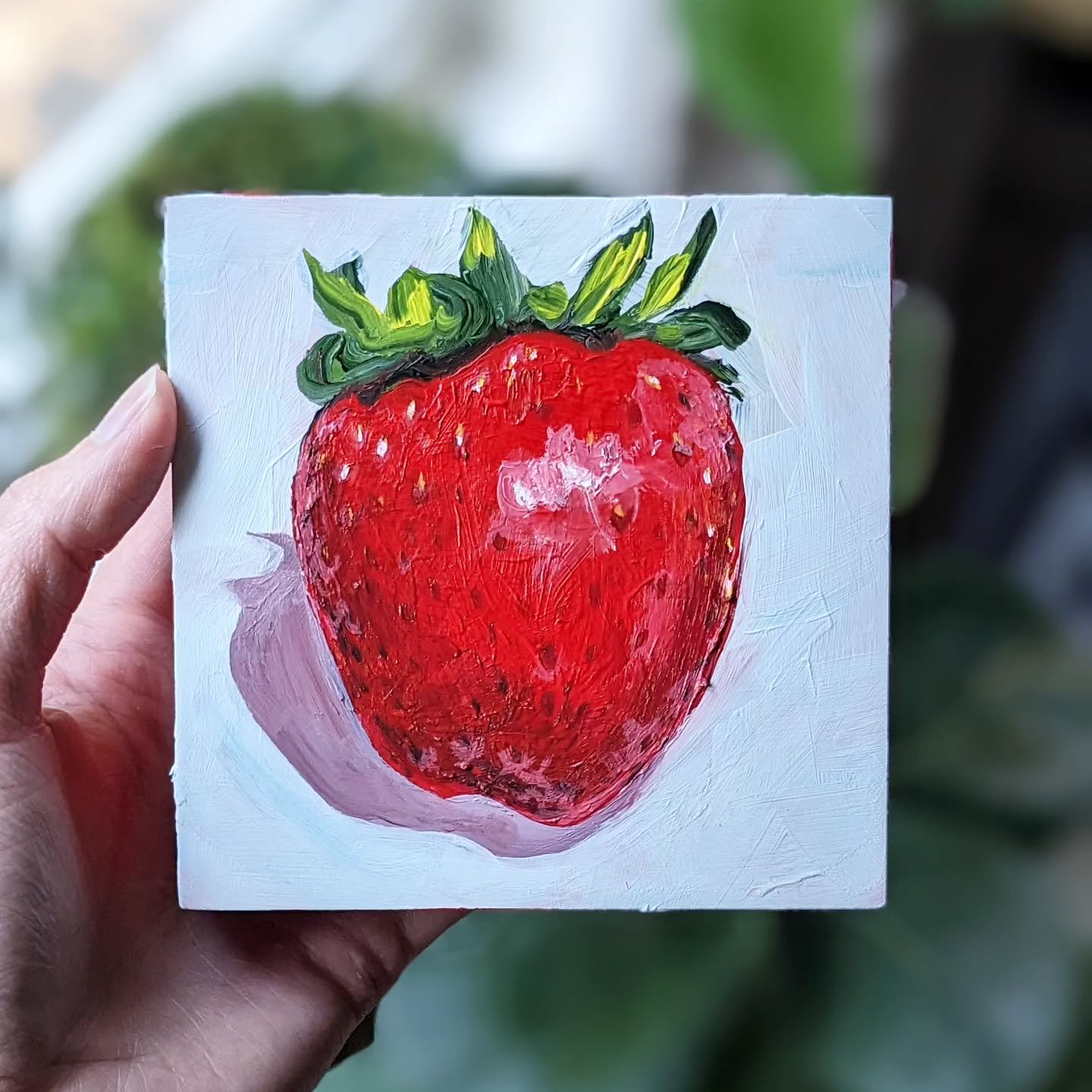 June is strawberry season. Acrylic on 4x4&quot; cradled wood panel.