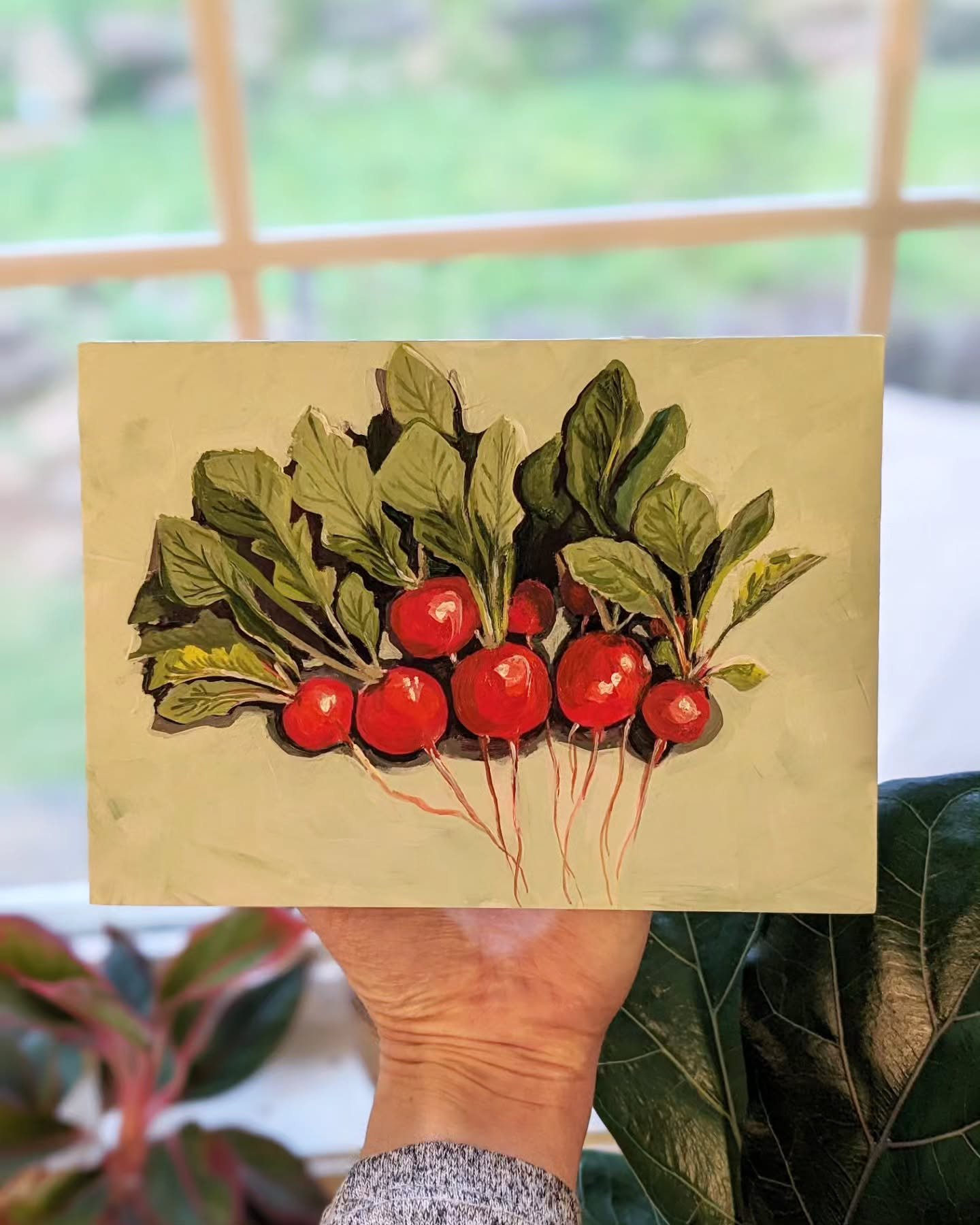 Done for now. We'll see if I redo it or tweak it later. Radishes 5x7&quot; acrylic on wood panel. 
.
.
.
#art #artist #artistsoninstagram #radish #garden #painting #acrylicpainting
