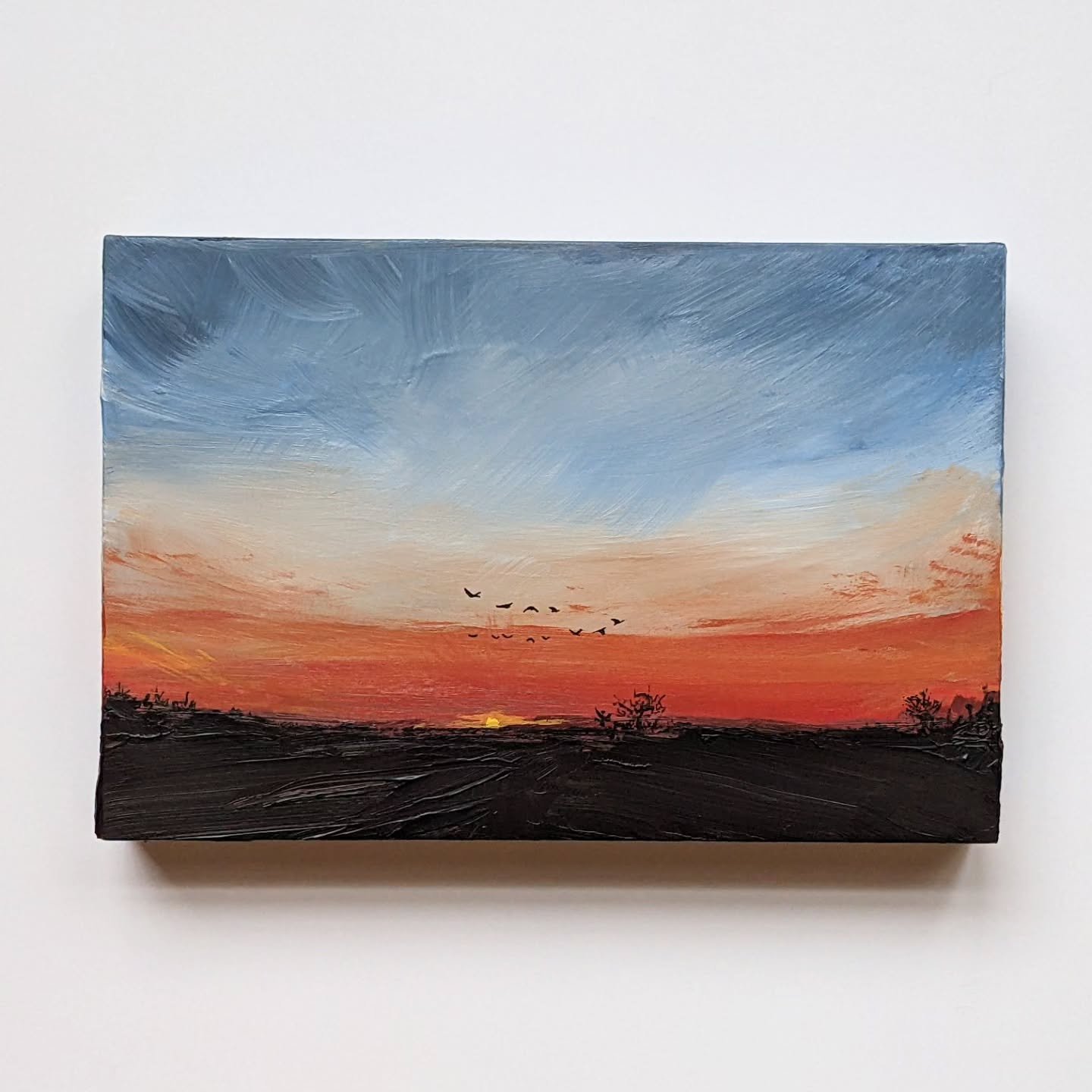 Back at it after a rough start to the new year. Sunset Migration 4x6&quot; acrylic on cradled wood panel. 
.
.
.
#painter #painting #landscapepainting #landscape #art #artist #acrylic #tinylandscape