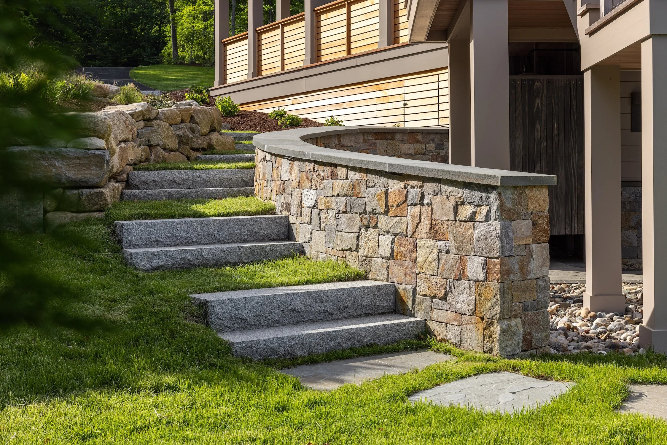 Hundred Acre Pond, South Kingstown, Construction, Builders, Neill Brothers, walkway to backyards, stone wall, stone steps