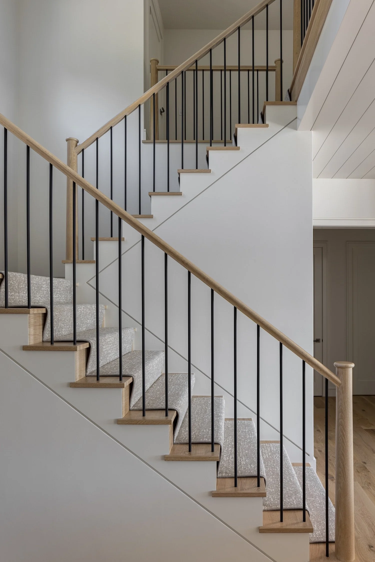 custom built stairway, stairs to second floor, wood banister