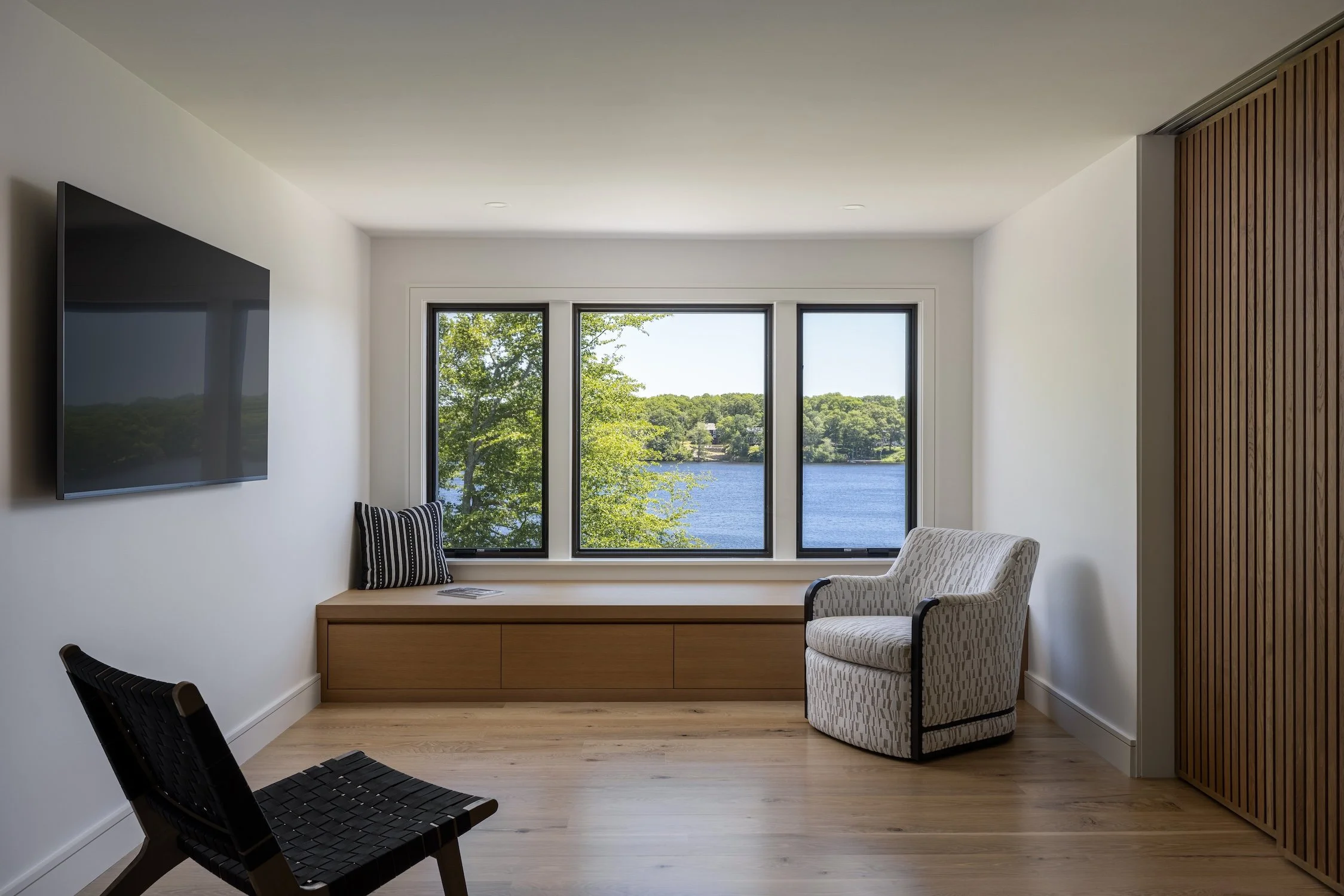 window bench seat, water views, den