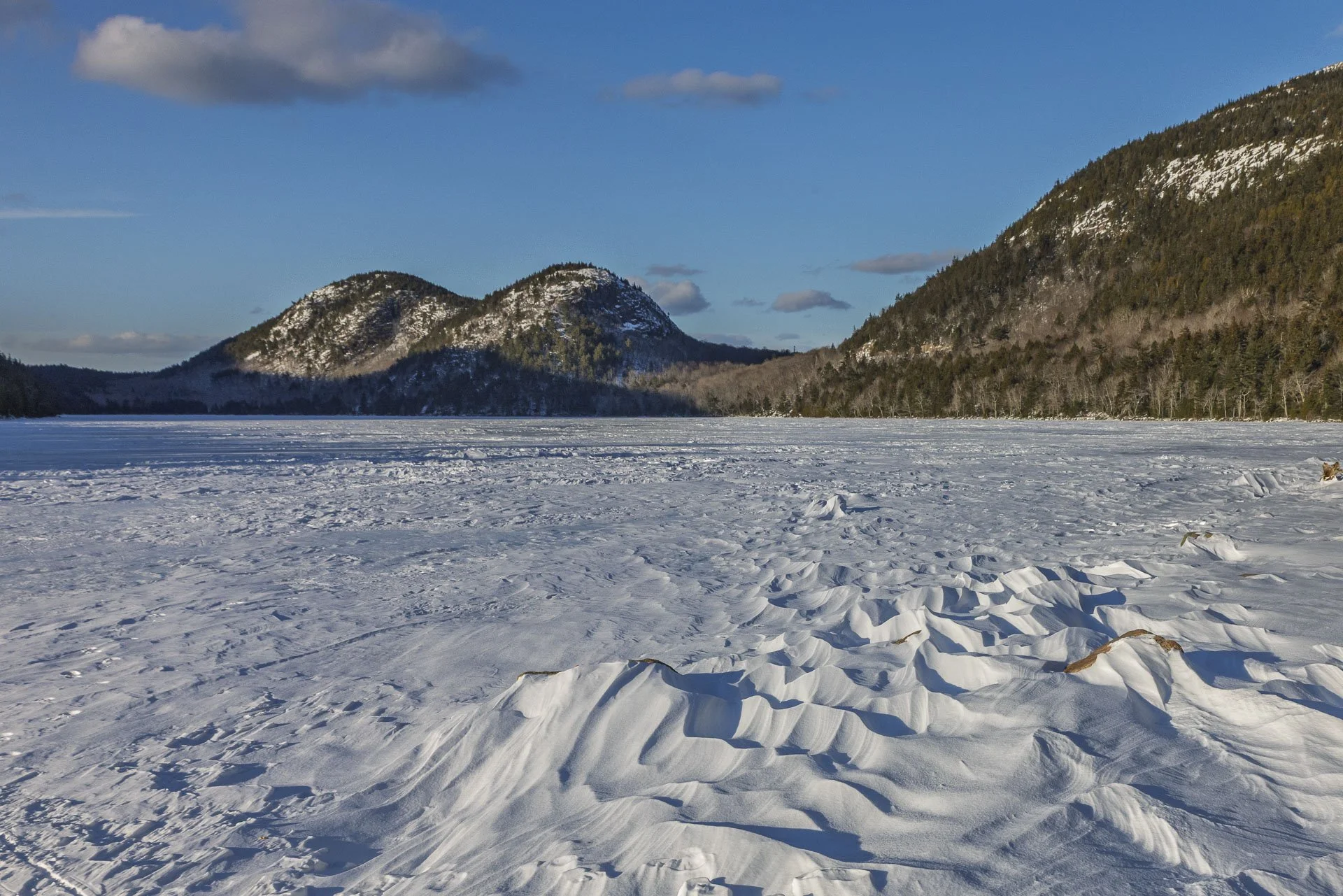 Snow on Jordan Pond looking towards the Bubbles