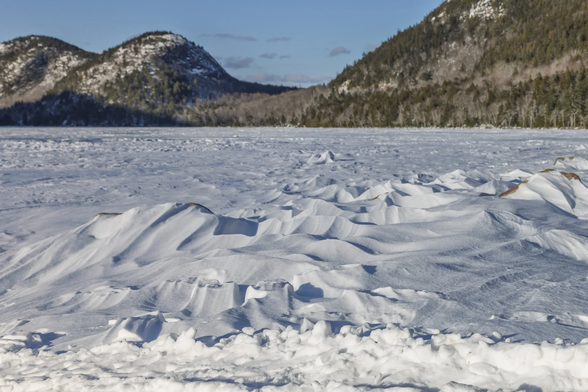 Snow on Jordan Pond looking towards the Bubbles