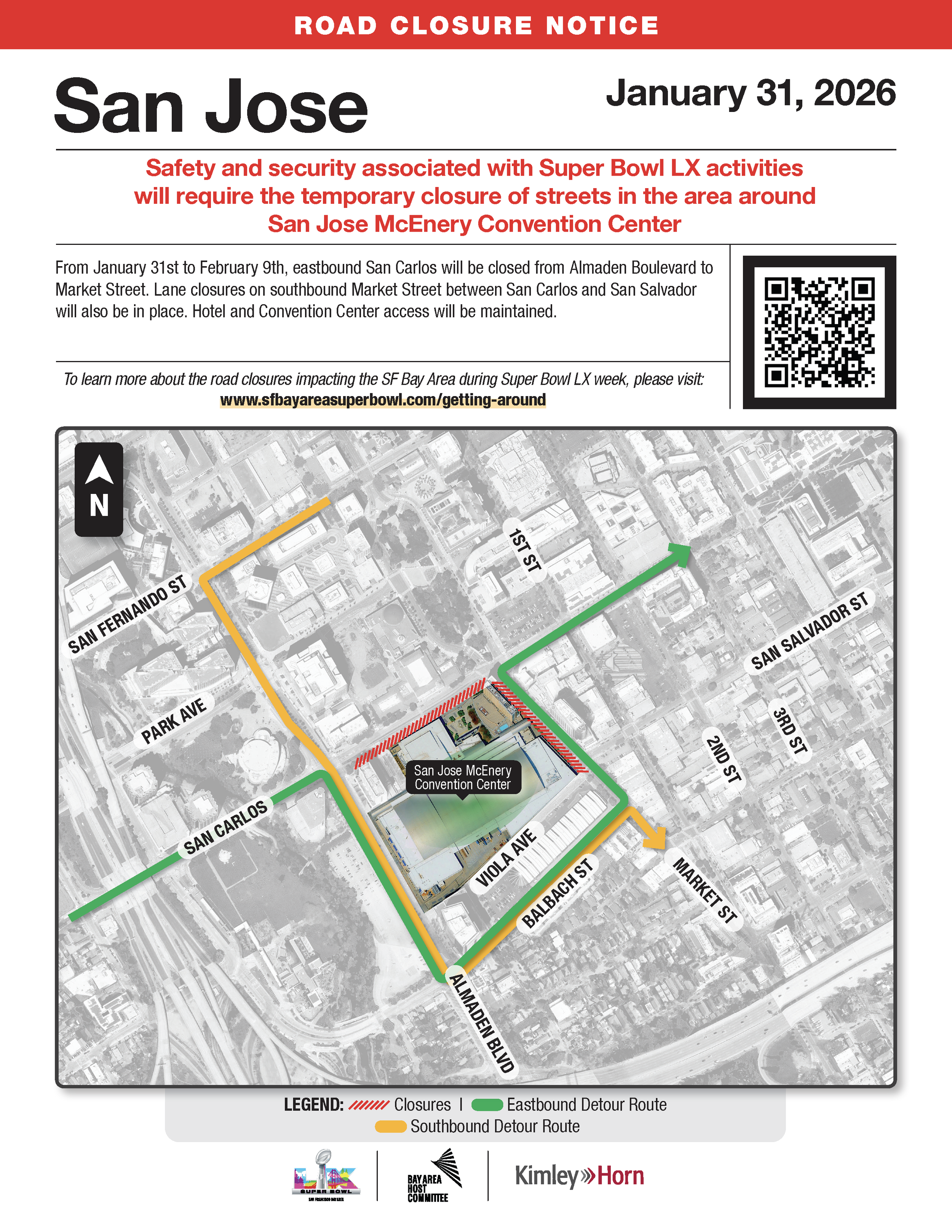 Map of Road Closers and Detours in the area around the Mcenery Convetion Center