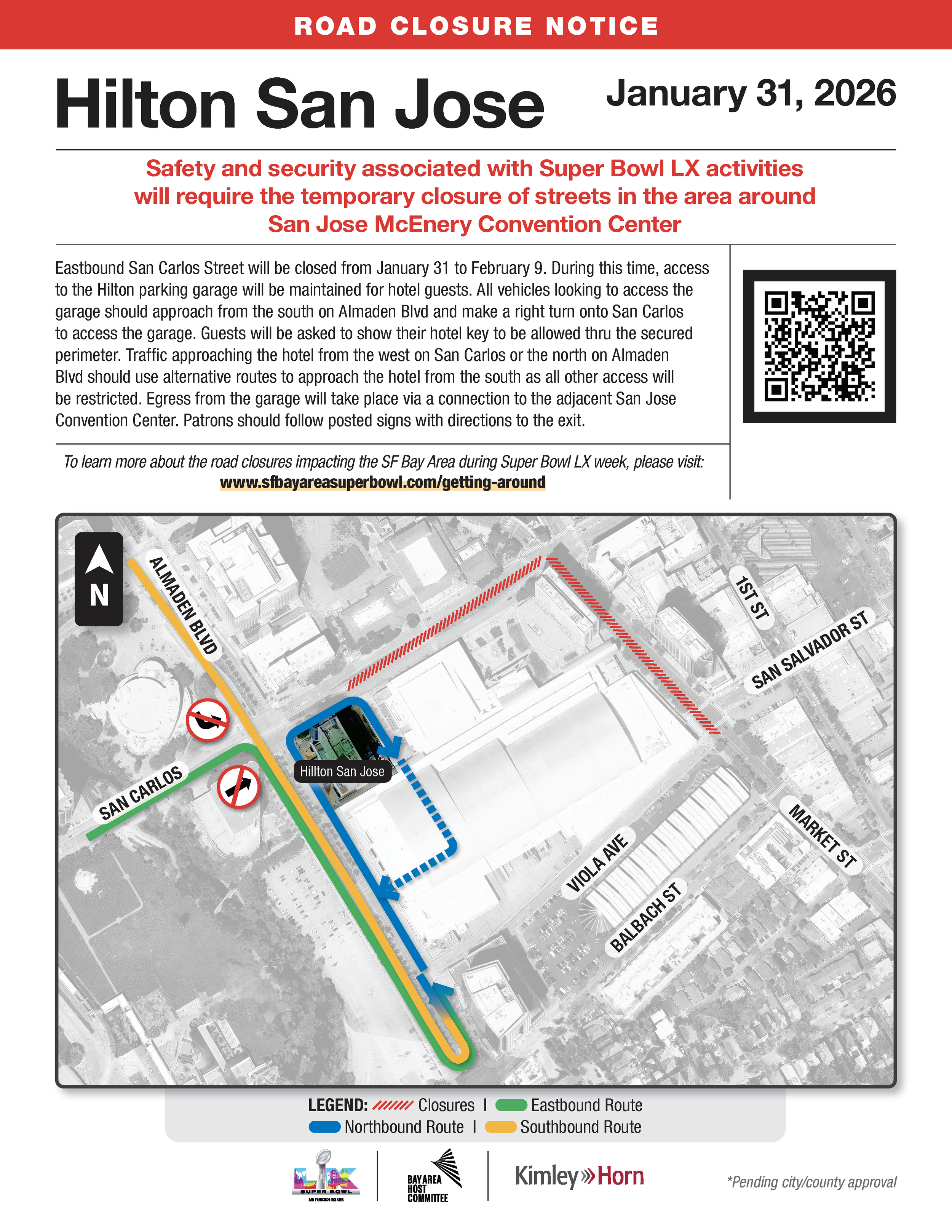 Map of Road Closers and Detours around Hilton San Jose from January 31 to February 9