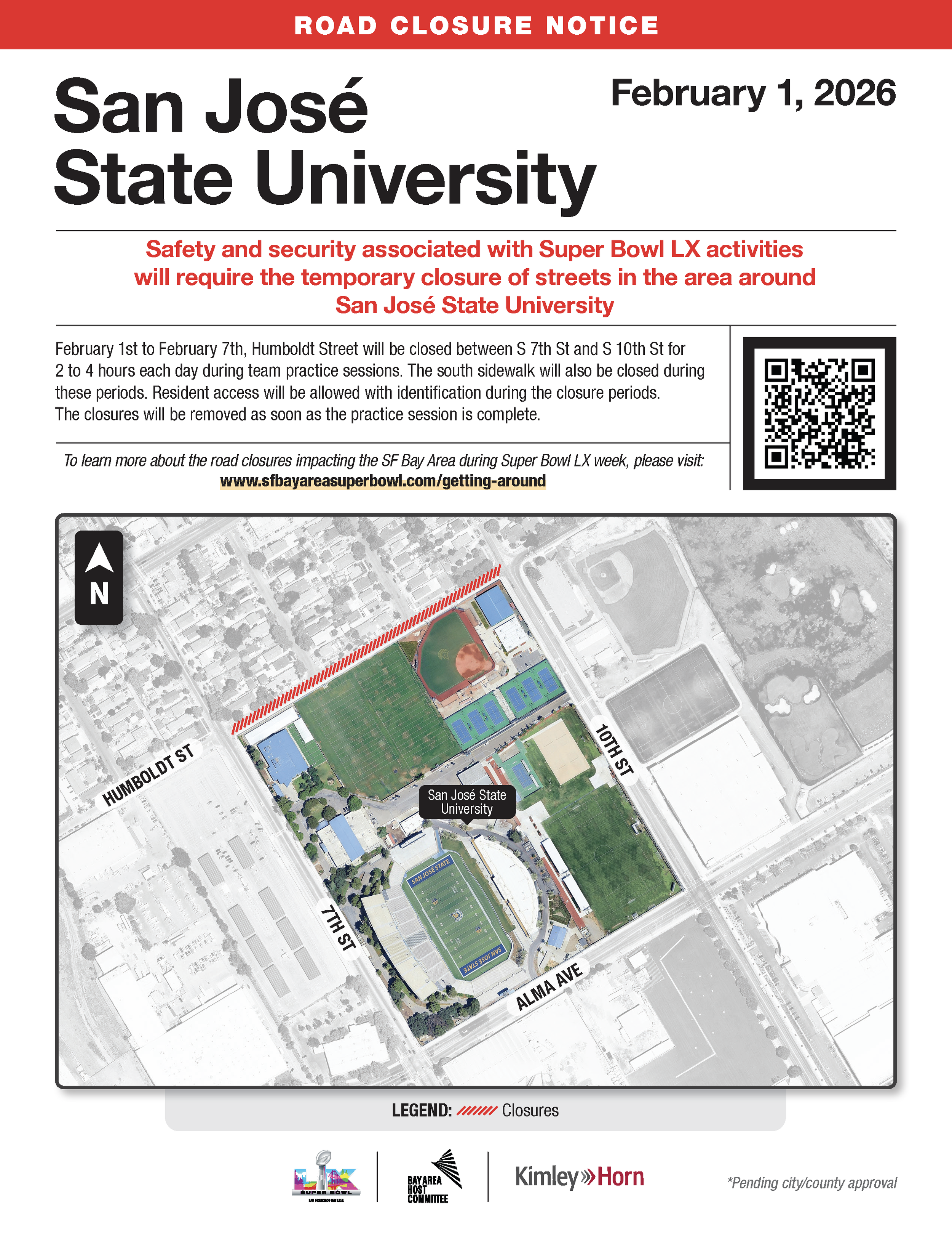 Map of Road Closure around San Jose State University from February 1st to February 7th