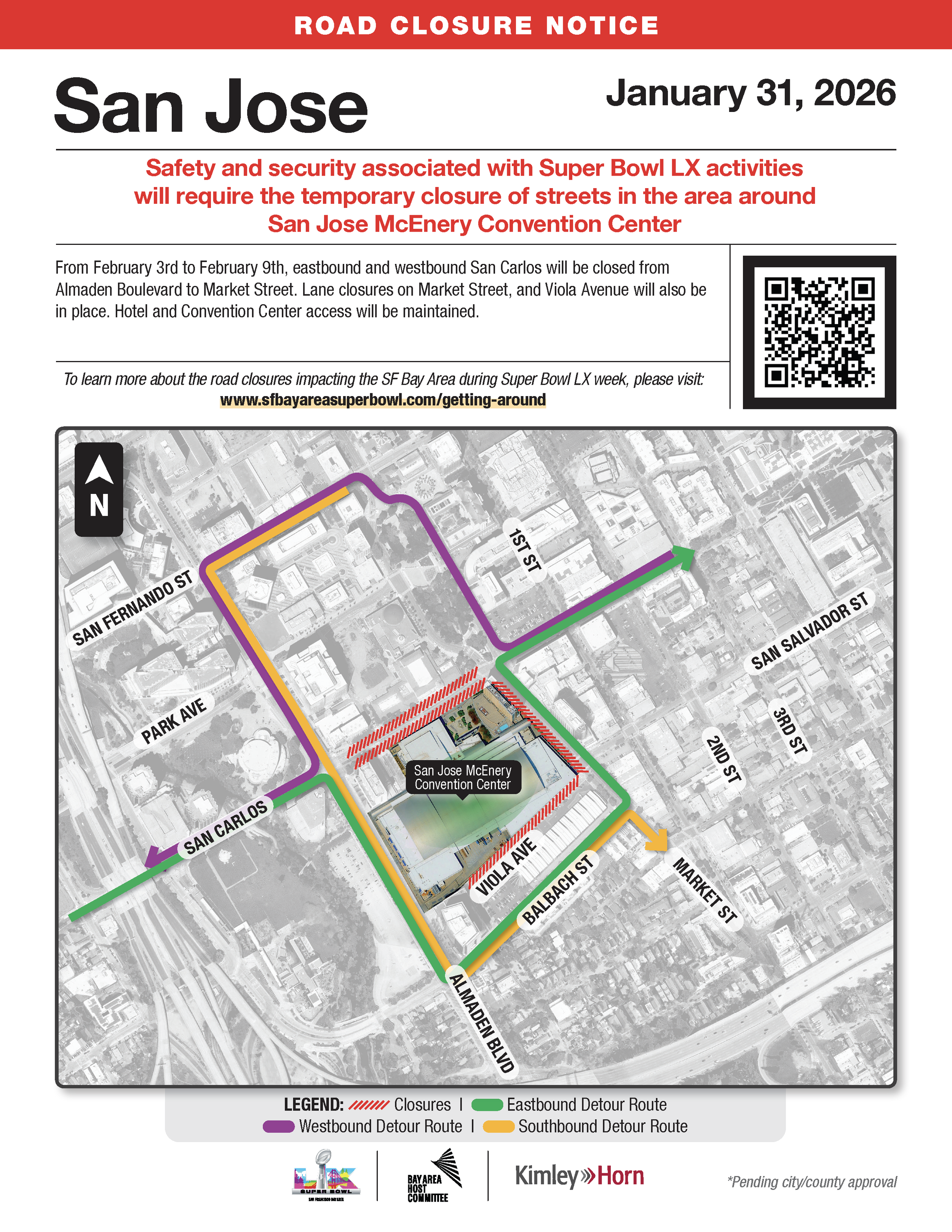 Map of Road closer around San Jose McEnery Convention Center from February 3rd, to February 9th
