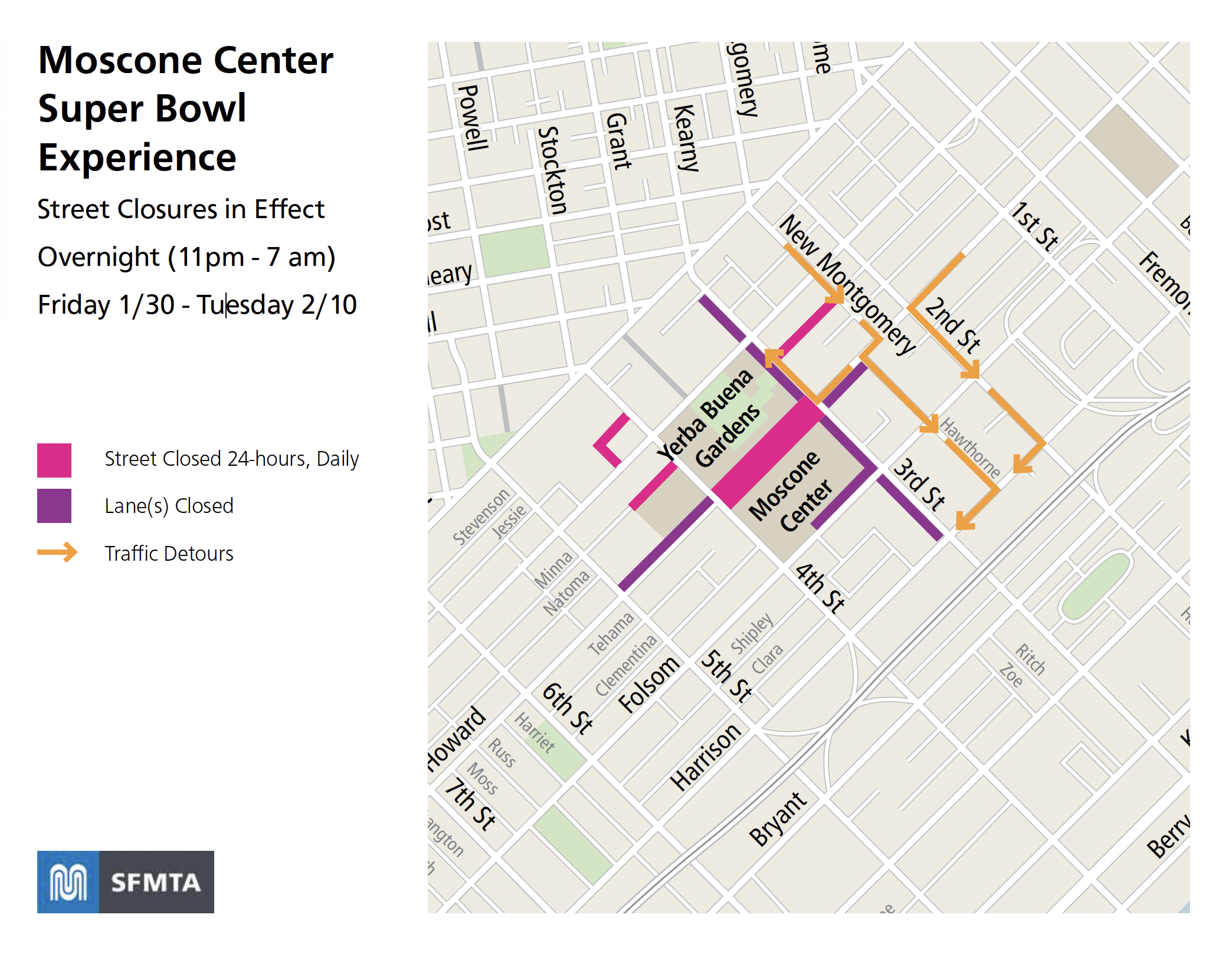 Maps showing overnight road closures and lane restrictions around Yerba Buena Gardens and the Moscone Center for Super Bowl week.