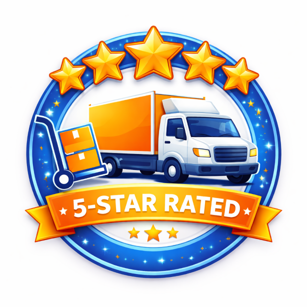 Cartoon character in blue uniform carrying two small houses with the text 'Moving Help' and 'Safe - Affordable - Reliable' around the image.