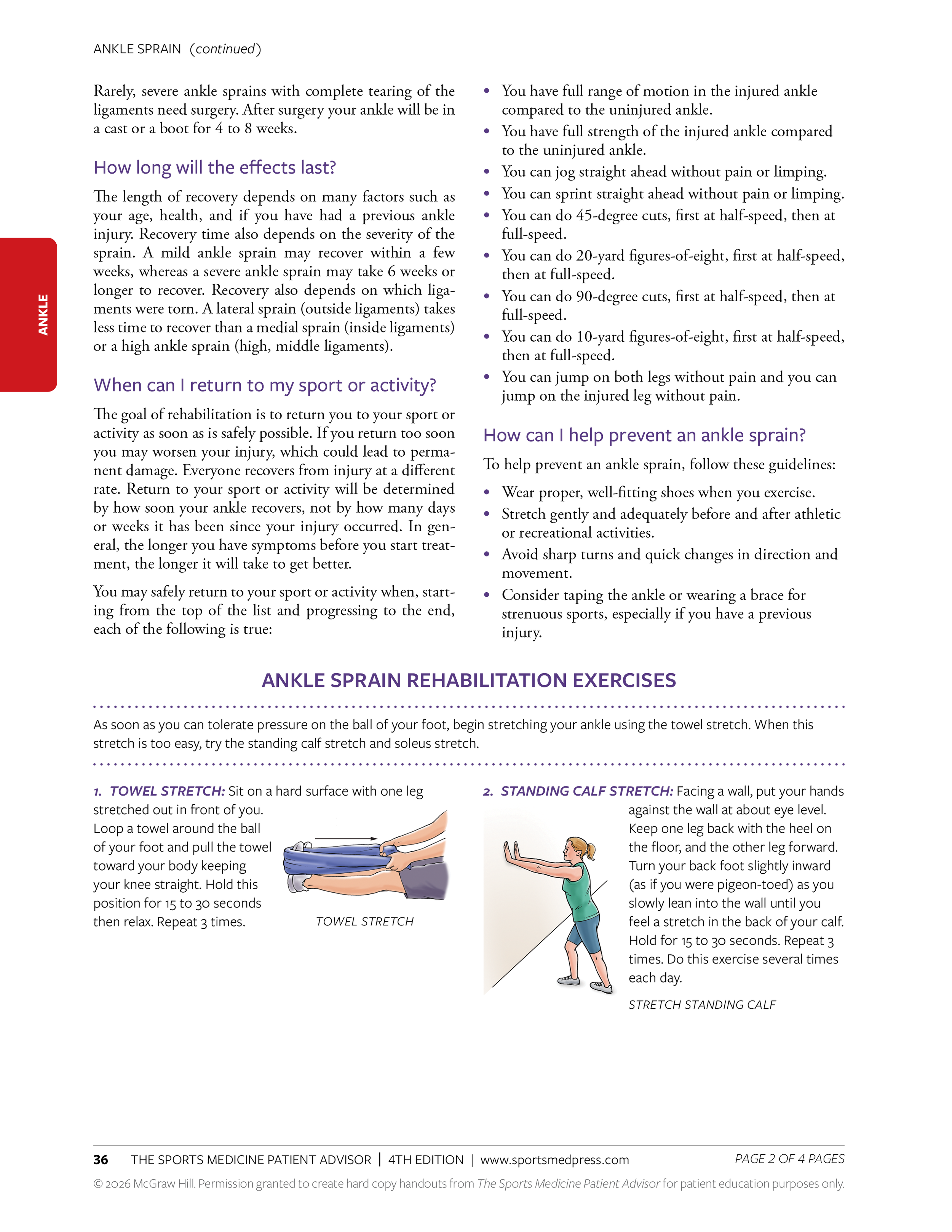 Page from a sports medicine book discussing ankle sprains, recovery tips, prevention guidelines, and rehabilitation exercises including towel stretch and standing calf stretch with illustrations.